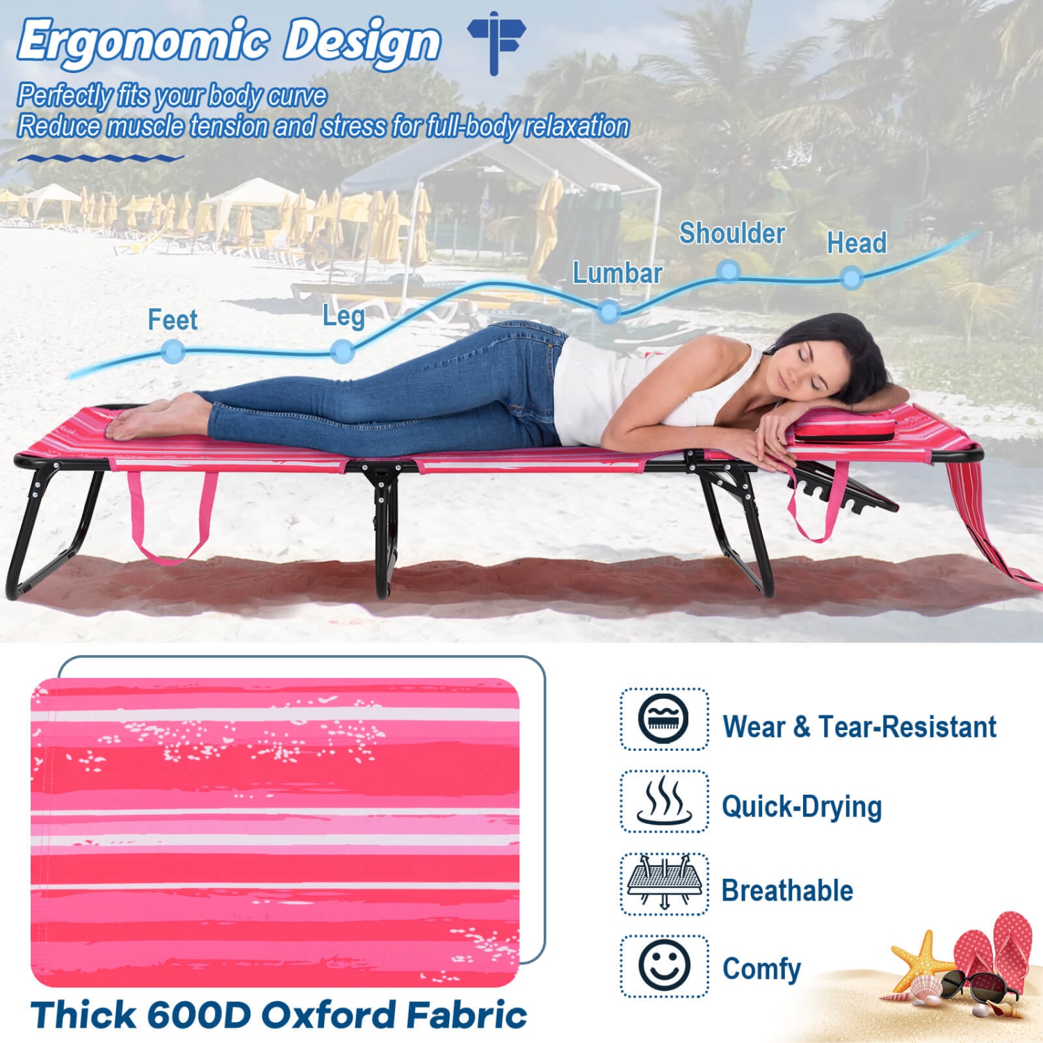 Chaise longue Beach de Costway avec coussins à trou frontal et dossier réglable à 5 positions