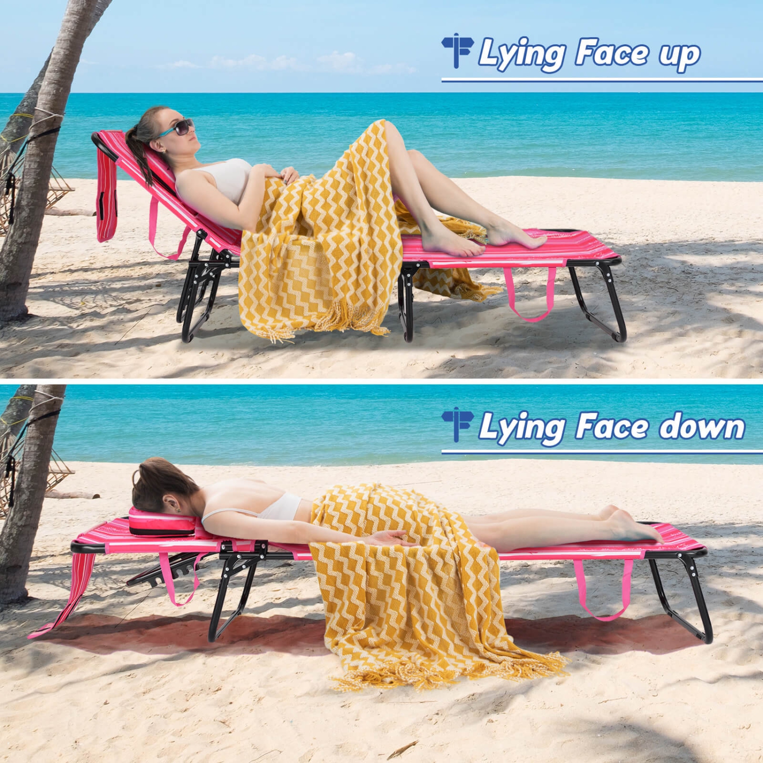 Chaise longue Beach de Costway avec coussins à trou frontal et dossier réglable à 5 positions