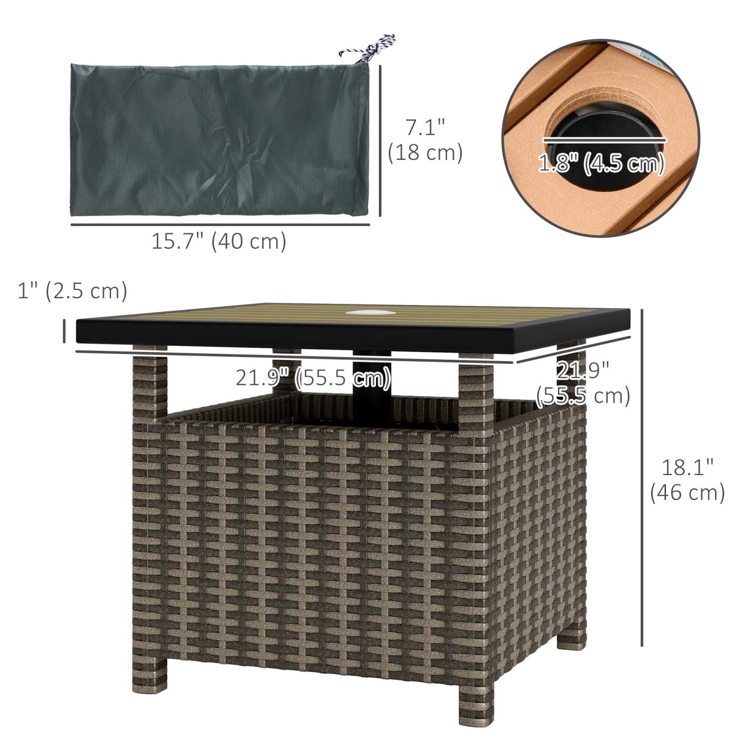 Outsunny 22" Square Steel PE Rattan Wicker Table With Umbrella Hole, Outdoor Patio Accent Dining Side Table Used as Umbrella Stand, Mixed-Grey