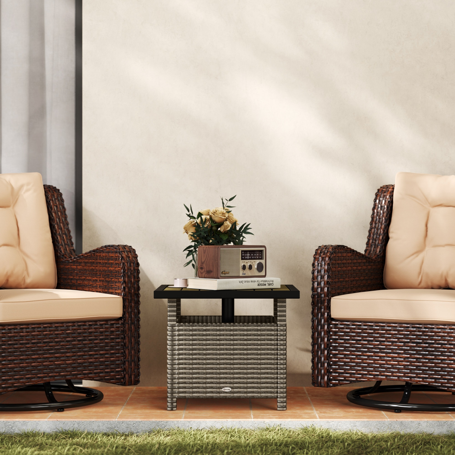 Outsunny 22" Square Steel PE Rattan Wicker Table With Umbrella Hole, Outdoor Patio Accent Dining Side Table Used as Umbrella Stand, Mixed-Grey