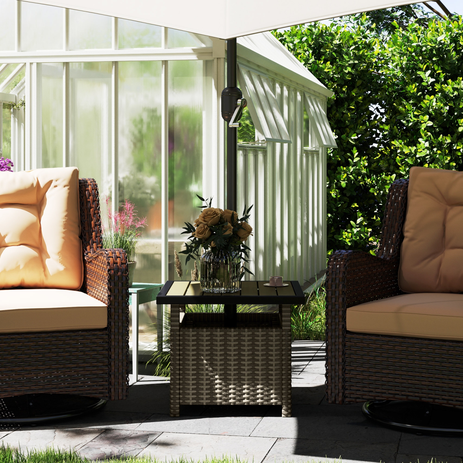 Outsunny 22" Square Steel PE Rattan Wicker Table With Umbrella Hole, Outdoor Patio Accent Dining Side Table Used as Umbrella Stand, Mixed-Grey