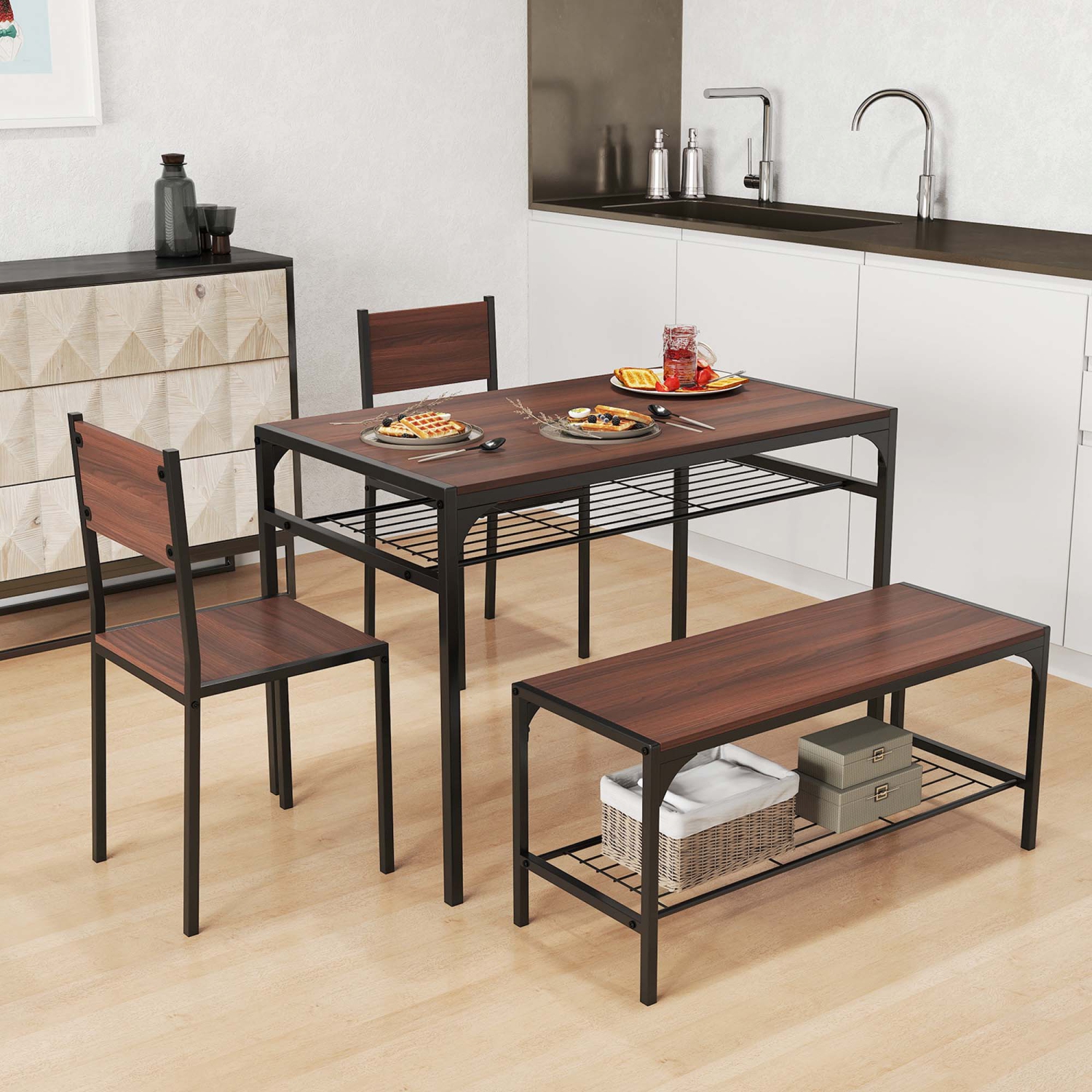 Costway Dining Table Set for 4 Rectangular Table with 2 Chairs, 1 Bench, Storage Racks Rustic