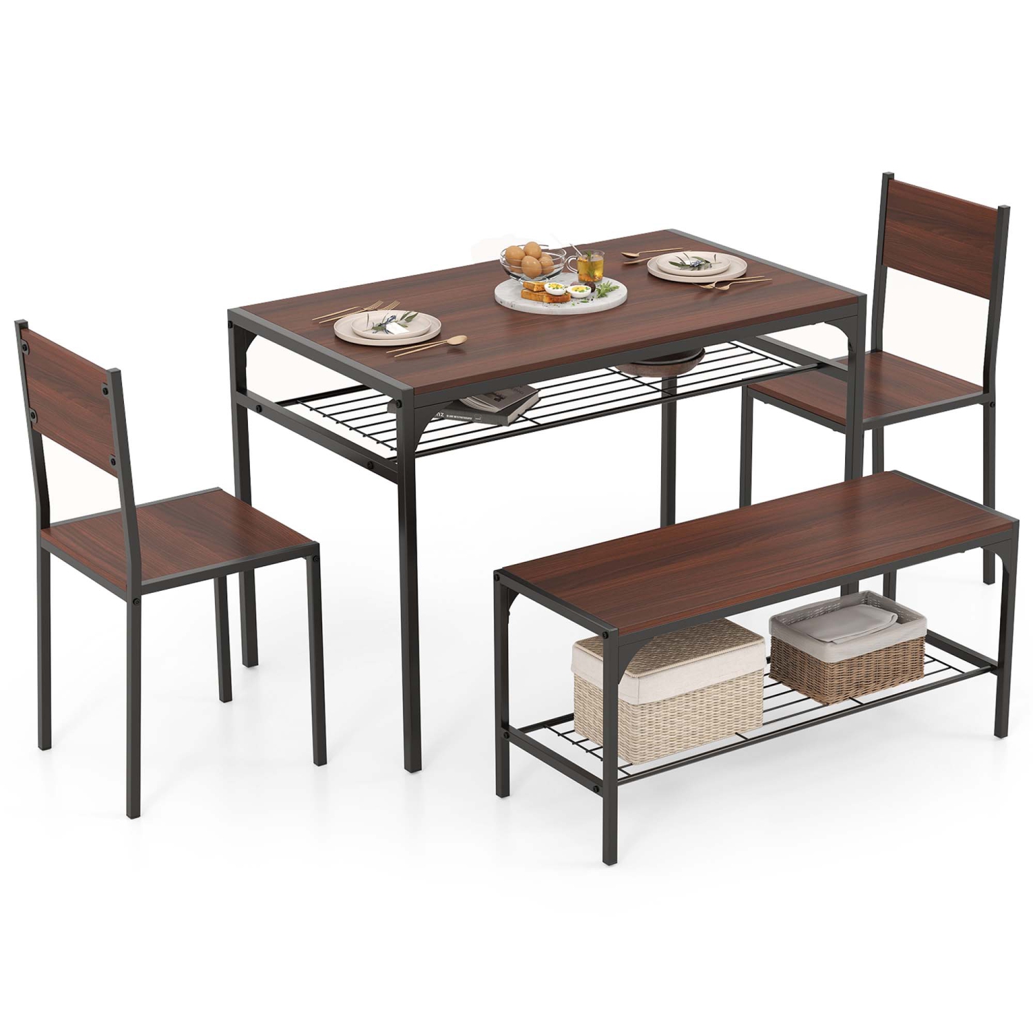 Costway Dining Table Set for 4 Rectangular Table with 2 Chairs, 1 Bench, Storage Racks Rustic