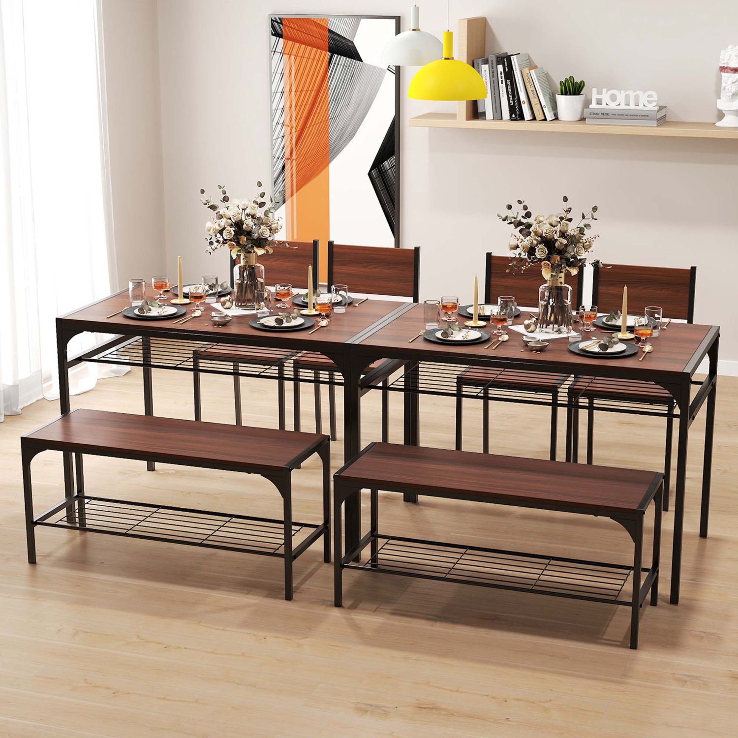 Costway Dining Table Set for 4 Rectangular Table with 2 Chairs, 1 Bench, Storage Racks Rustic