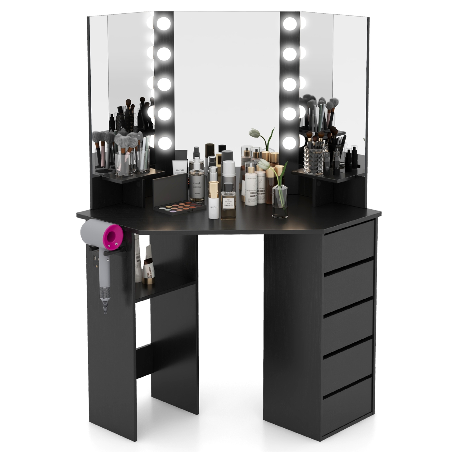 Costway Corner Vanity Desk Cosmetic Vanity Station with LED Mirror,& Power Outlets