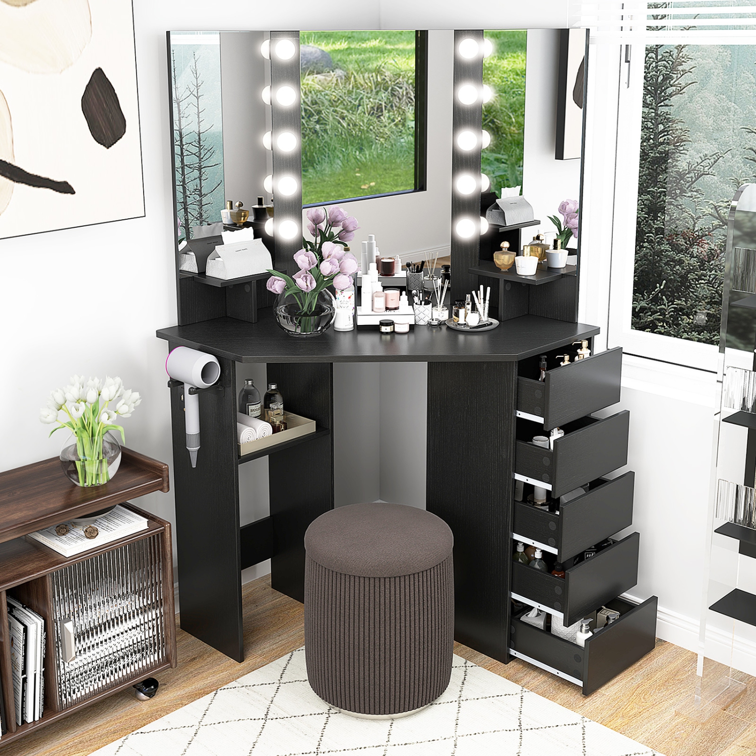 Costway Corner Vanity Desk Cosmetic Vanity Station with LED Mirror,& Power Outlets