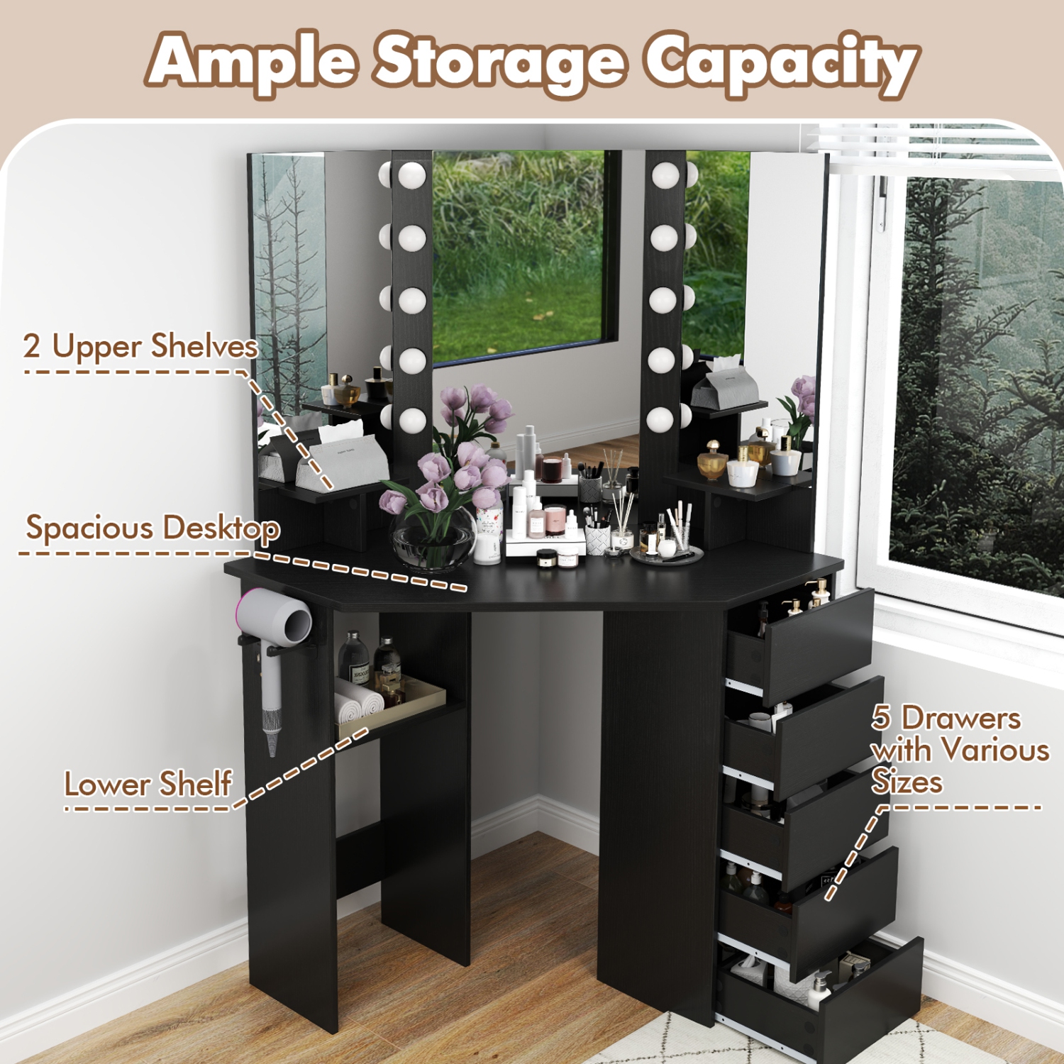 Costway Corner Vanity Desk Cosmetic Vanity Station with LED Mirror,& Power Outlets
