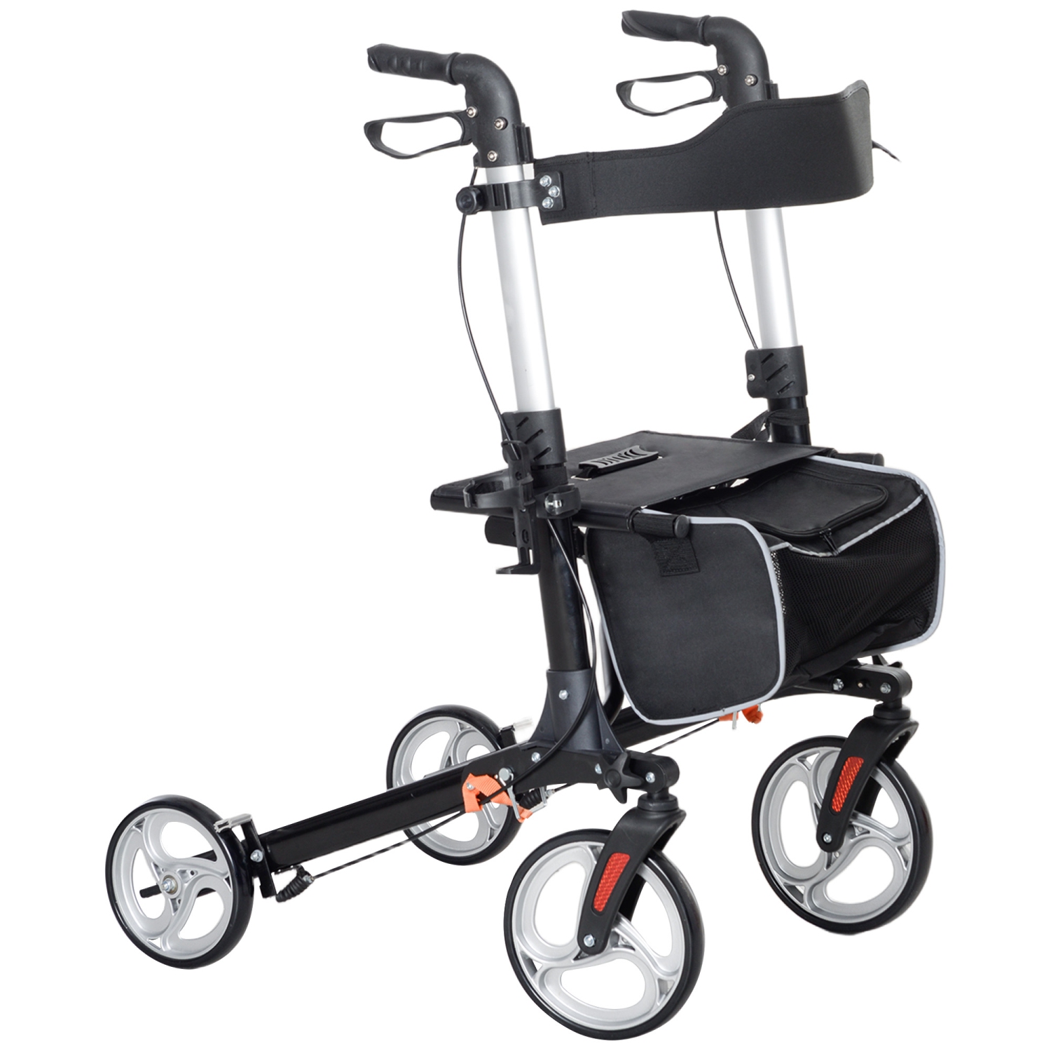 HOMCOM Rollator Walker for Tall, Senior, Adult with 9" Wheels, Seat, Back, Aluminum Lightweight Folding Rolling Walker with Adjustable Handle, Bag,