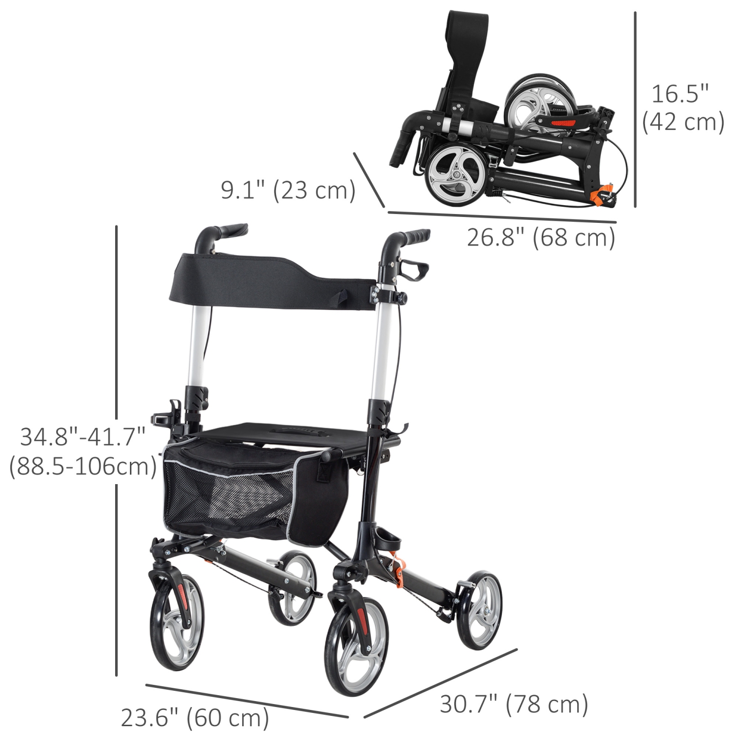 HOMCOM Rollator Walker for Tall, Senior, Adult with 9" Wheels, Seat, Back, Aluminum Lightweight Folding Rolling Walker with Adjustable Handle, Bag,