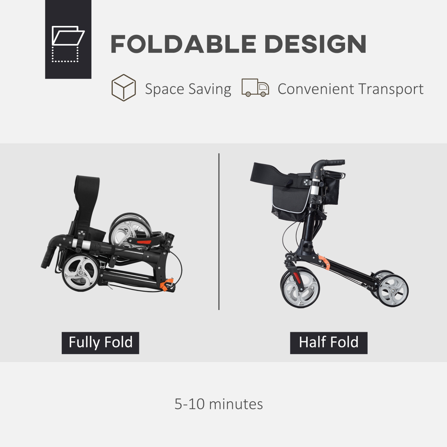 HOMCOM Rollator Walker for Tall, Senior, Adult with 9" Wheels, Seat, Back, Aluminum Lightweight Folding Rolling Walker with Adjustable Handle, Bag,