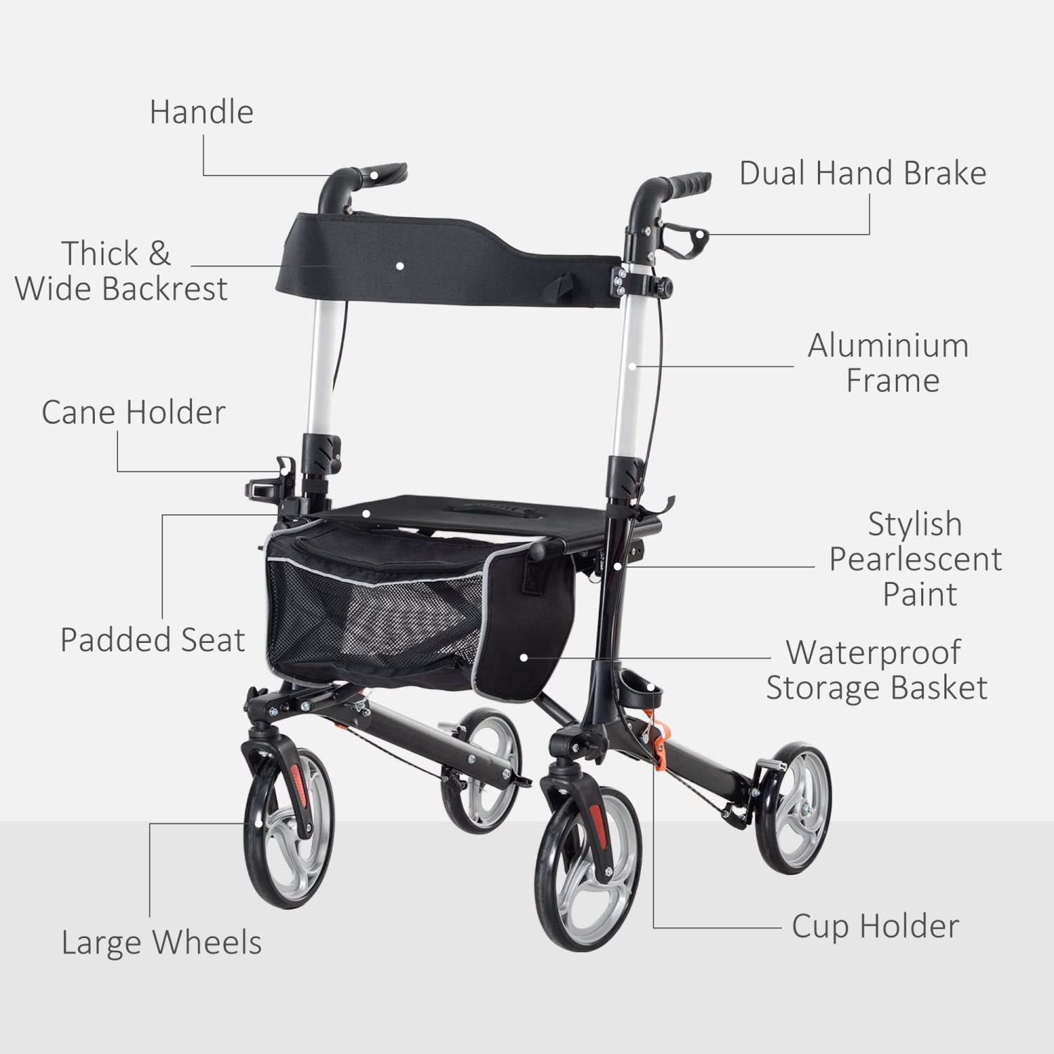 HOMCOM Rollator Walker for Tall, Senior, Adult with 9" Wheels, Seat, Back, Aluminum Lightweight Folding Rolling Walker with Adjustable Handle, Bag,