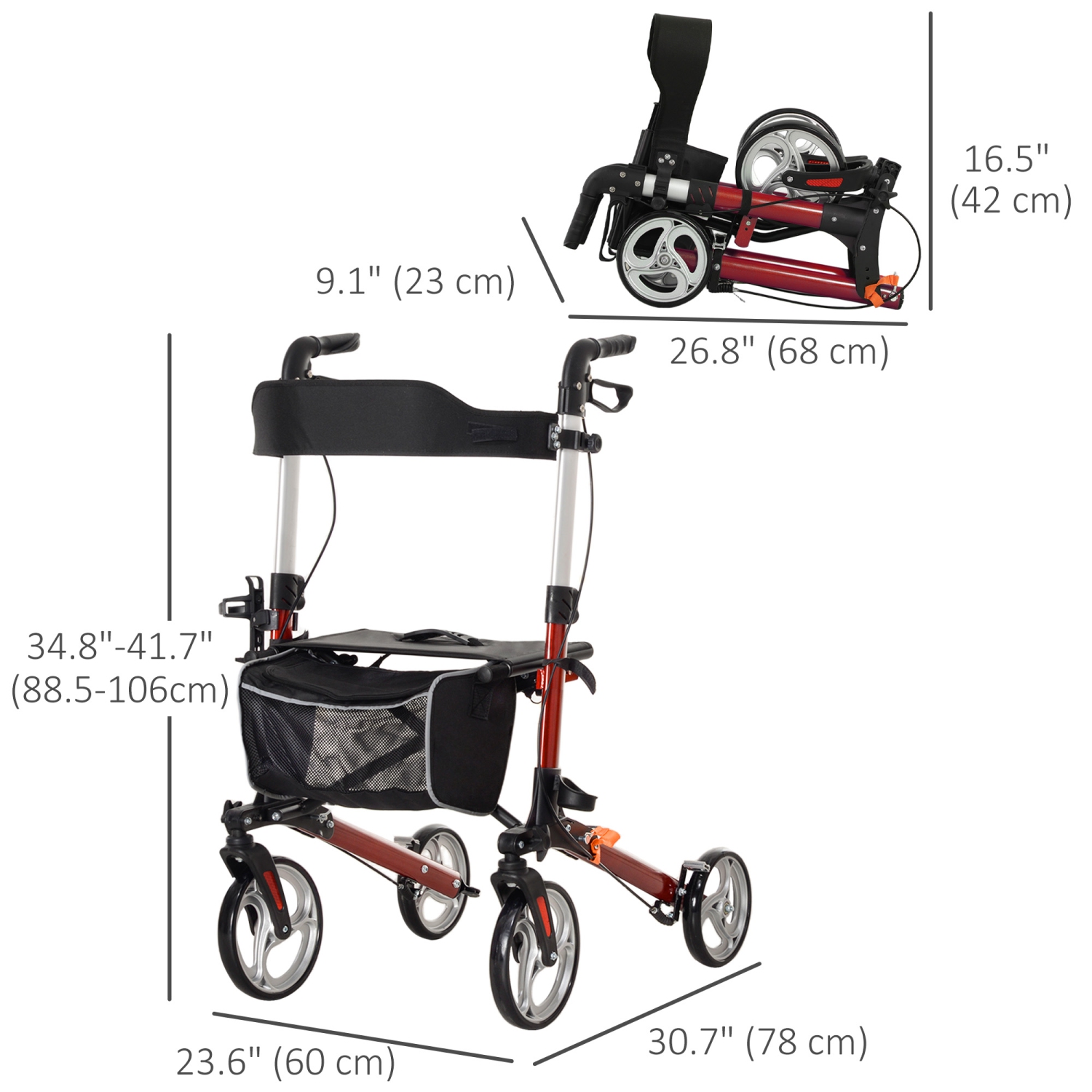 HOMCOM Rollator Walker for Tall, Seniors and Adults, Aluminum Lightweight Folding Rolling Walker with 9" Wheels, Adjustable Handle, Seat, Back, Dual