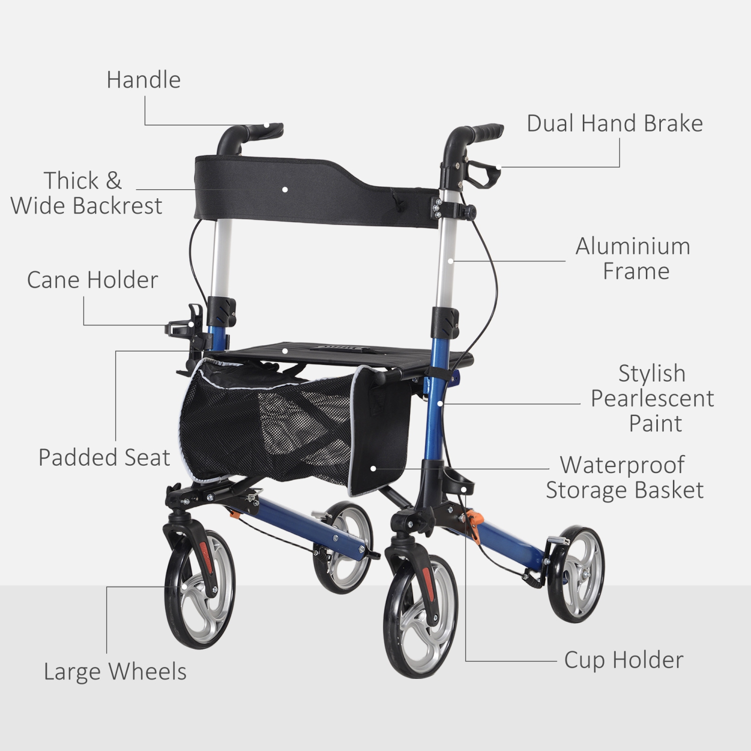 HOMCOM Rollator Walker for Senior, Adult, Tall with Adjustable Handle, Bag, Dual Brake, Aluminum Folding Lightweight Mobility Walker with 9" Wheels,