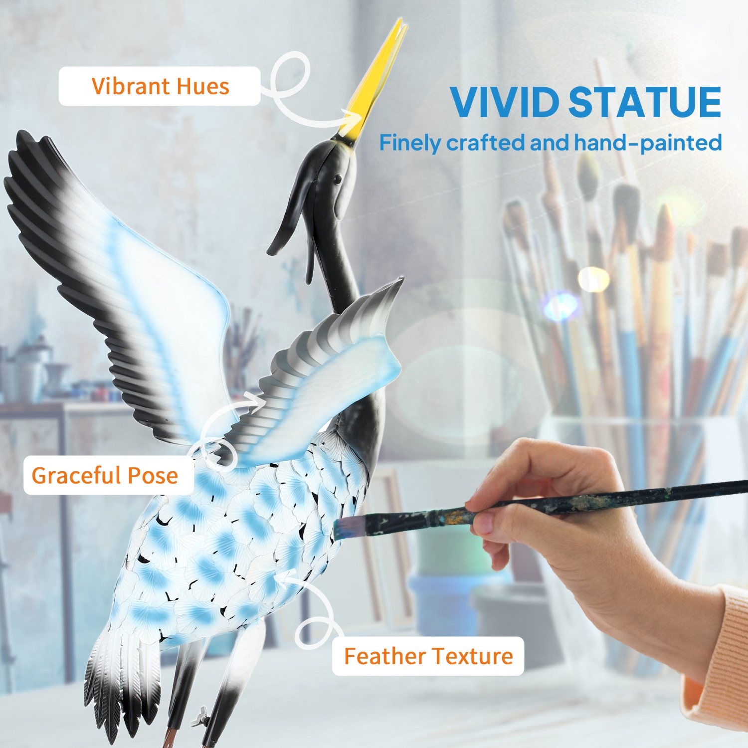 Outsunny Flying Crane Garden Statue, 42.5" Standing Lawn Ornament, Steel Garden Decor Bird Statue with Stakes for Lawn Patio Backyard Decoration,