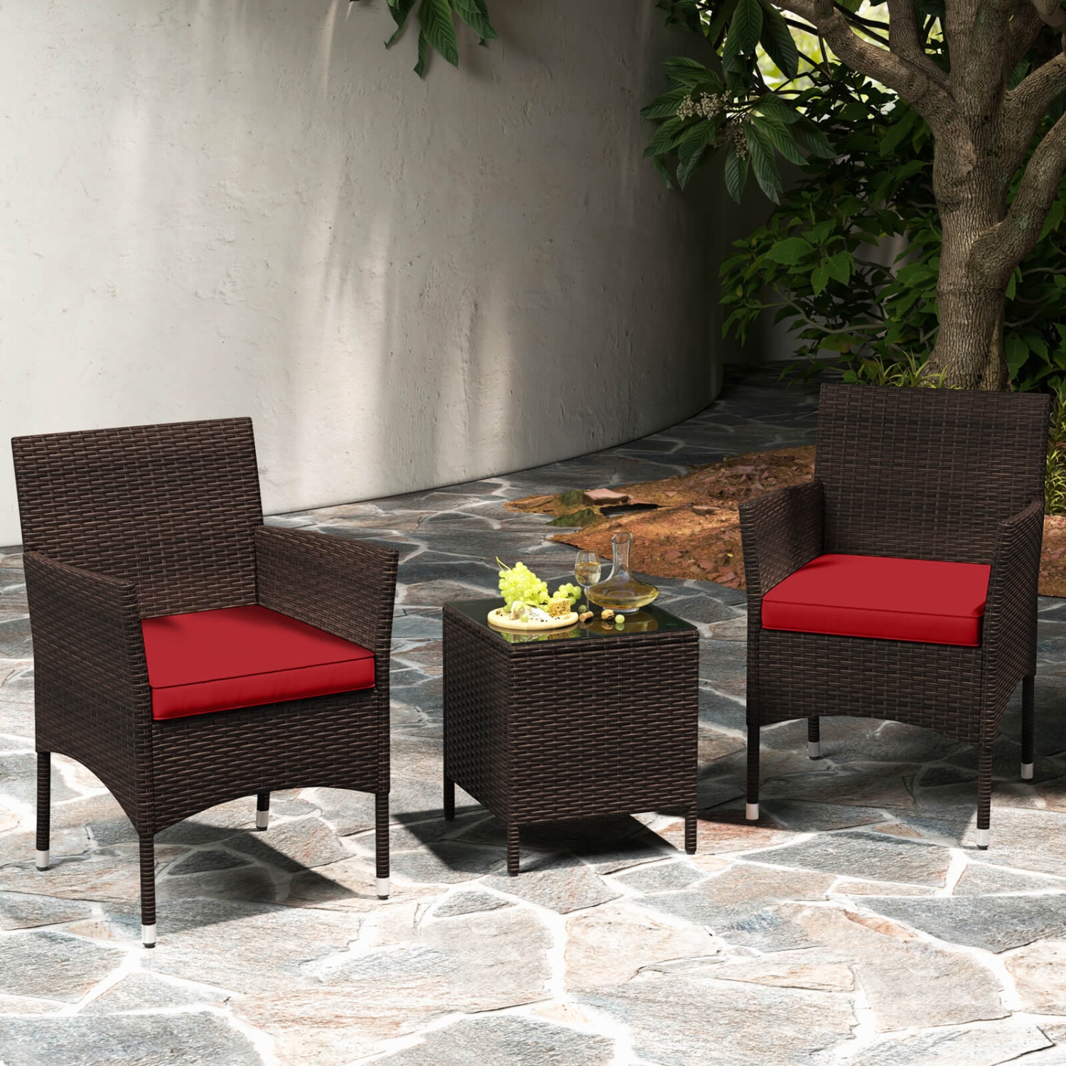 Costway 3 PCS Outdoor Conversation Set with Cushioned Seat & Tempered Glass Tabletop