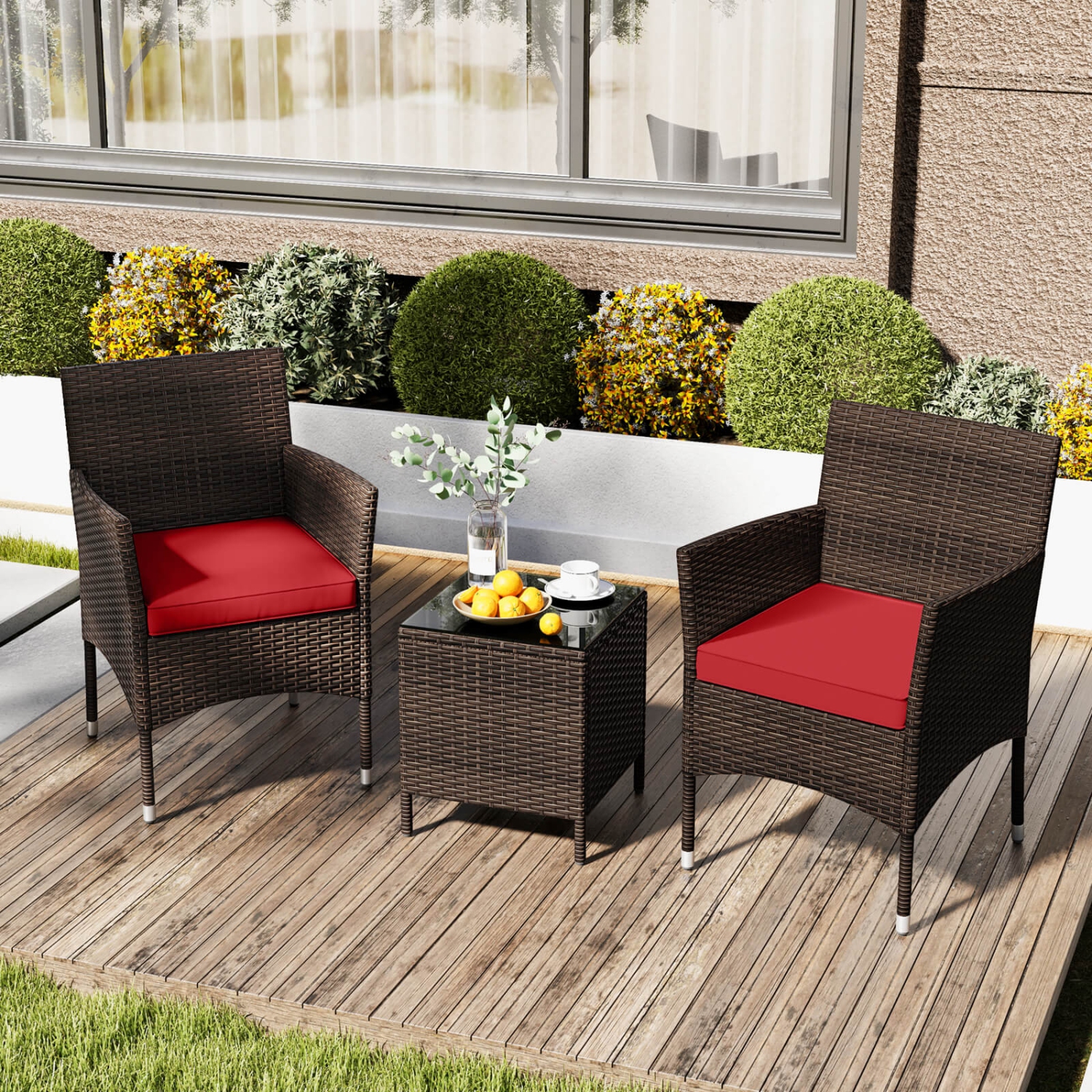 Costway 3 PCS Outdoor Conversation Set with Cushioned Seat & Tempered Glass Tabletop