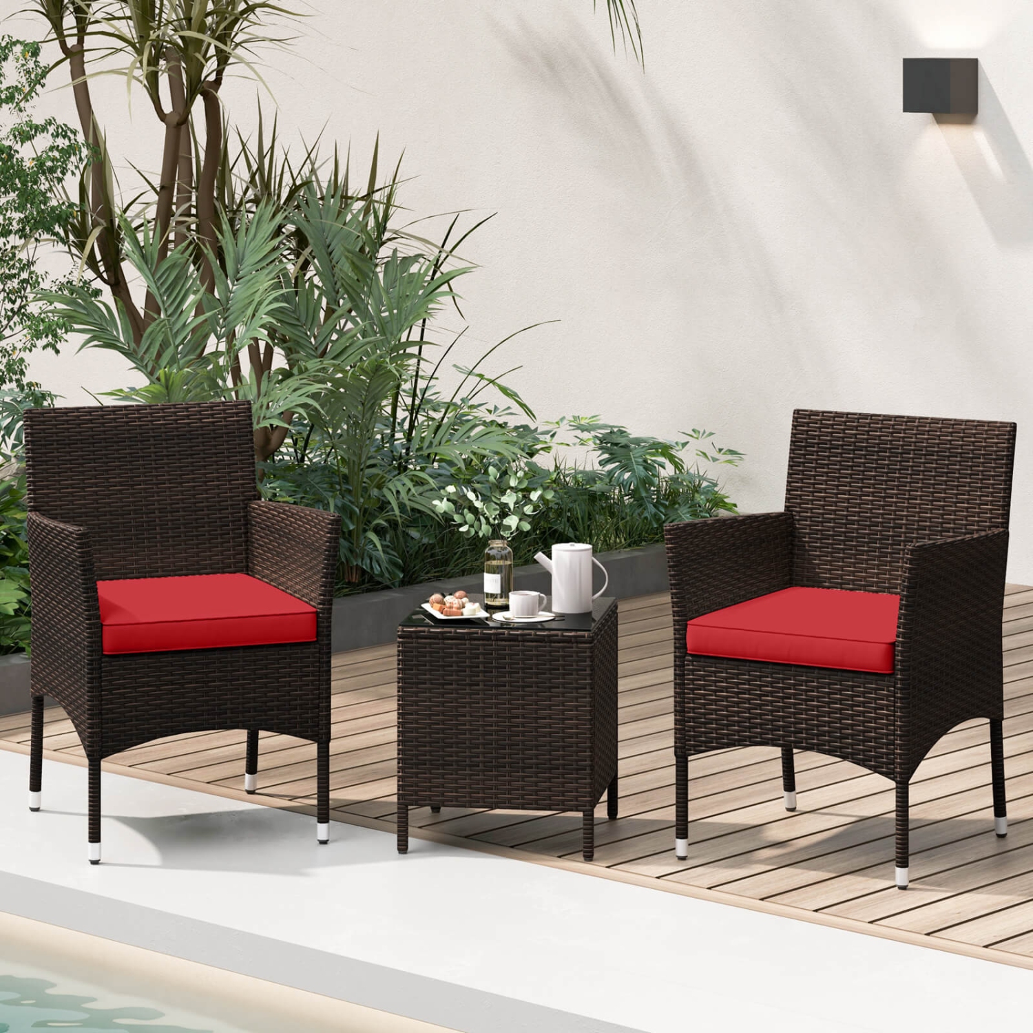 Costway 3 PCS Outdoor Conversation Set with Cushioned Seat & Tempered Glass Tabletop