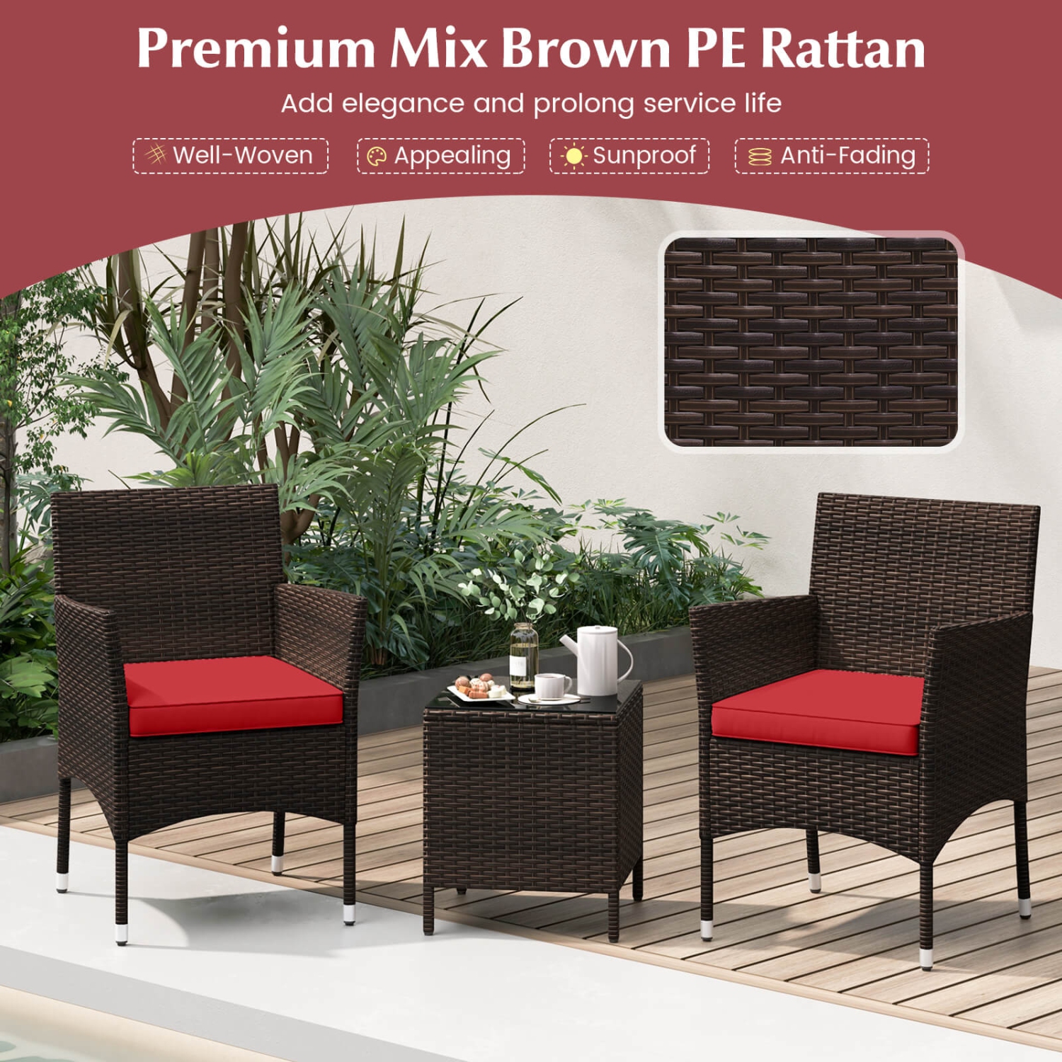 Costway 3 PCS Outdoor Conversation Set with Cushioned Seat & Tempered Glass Tabletop