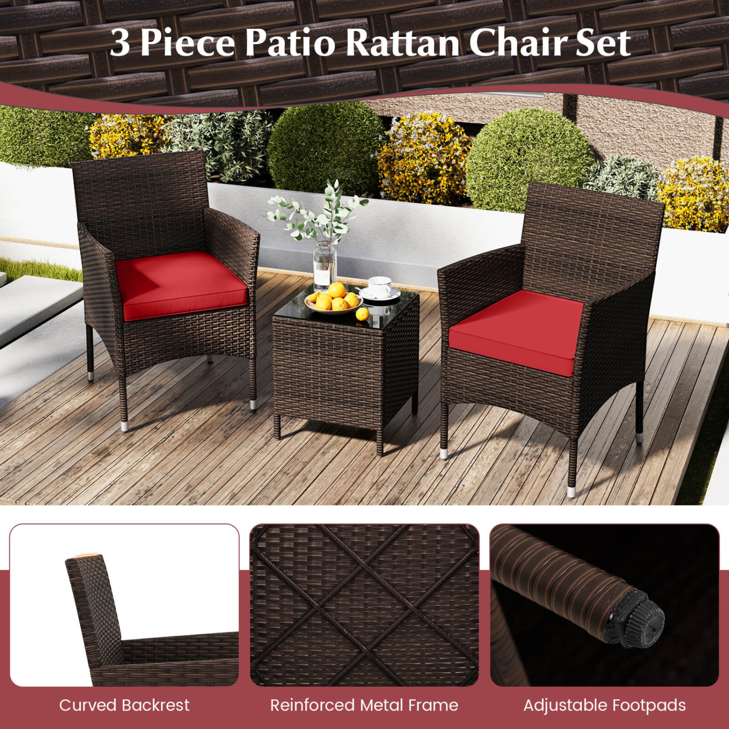 Costway 3 PCS Outdoor Conversation Set with Cushioned Seat & Tempered Glass Tabletop