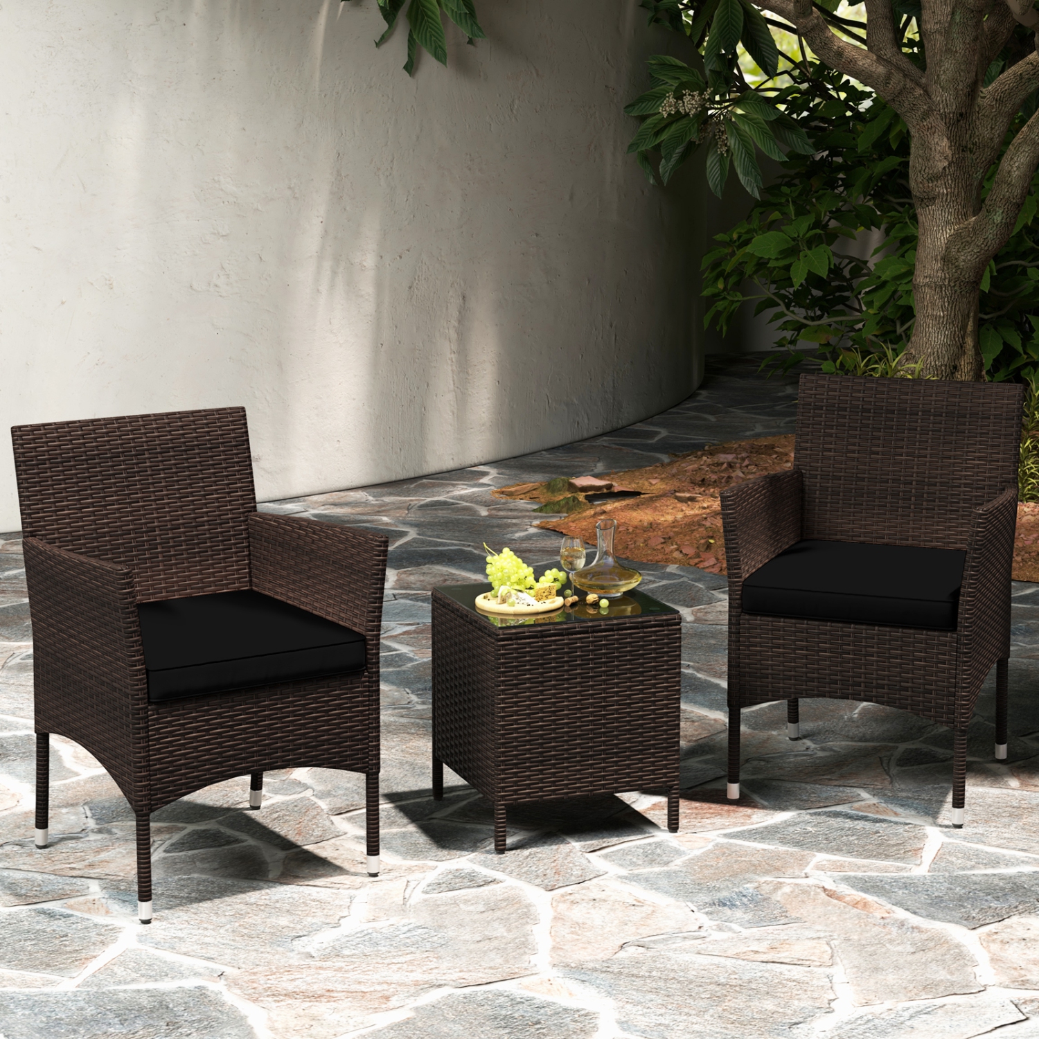 Costway 3 PCS Outdoor Conversation Set with Cushioned Seat & Tempered Glass Tabletop
