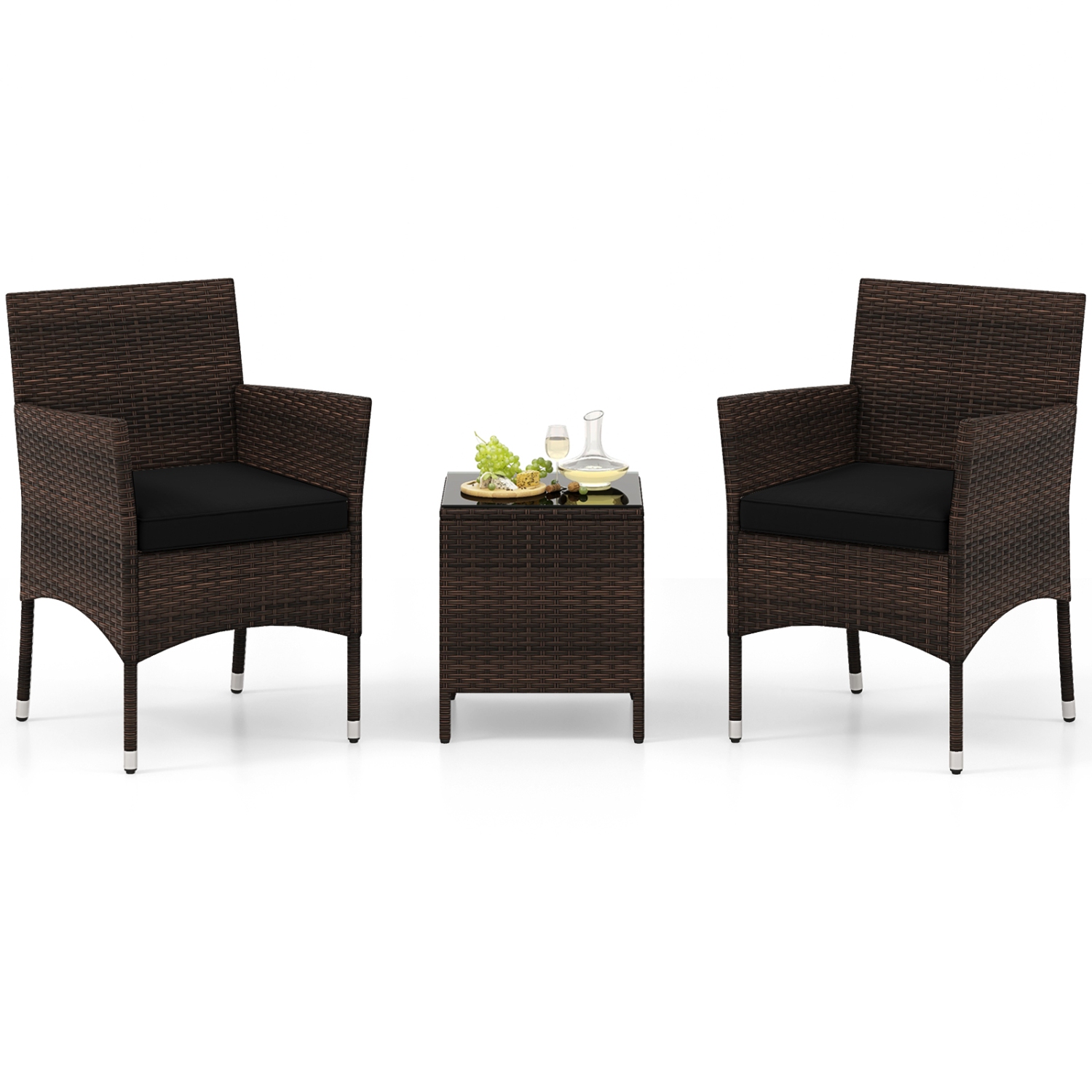Costway 3 PCS Outdoor Conversation Set with Cushioned Seat & Tempered Glass Tabletop