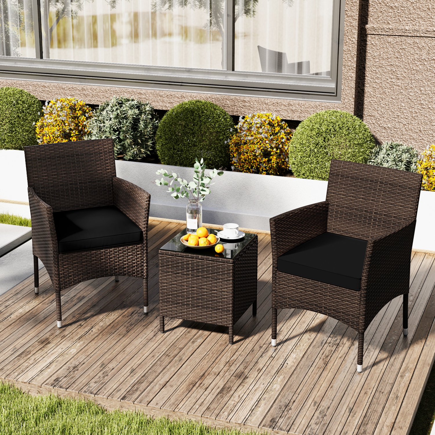 Costway 3 PCS Outdoor Conversation Set with Cushioned Seat & Tempered Glass Tabletop