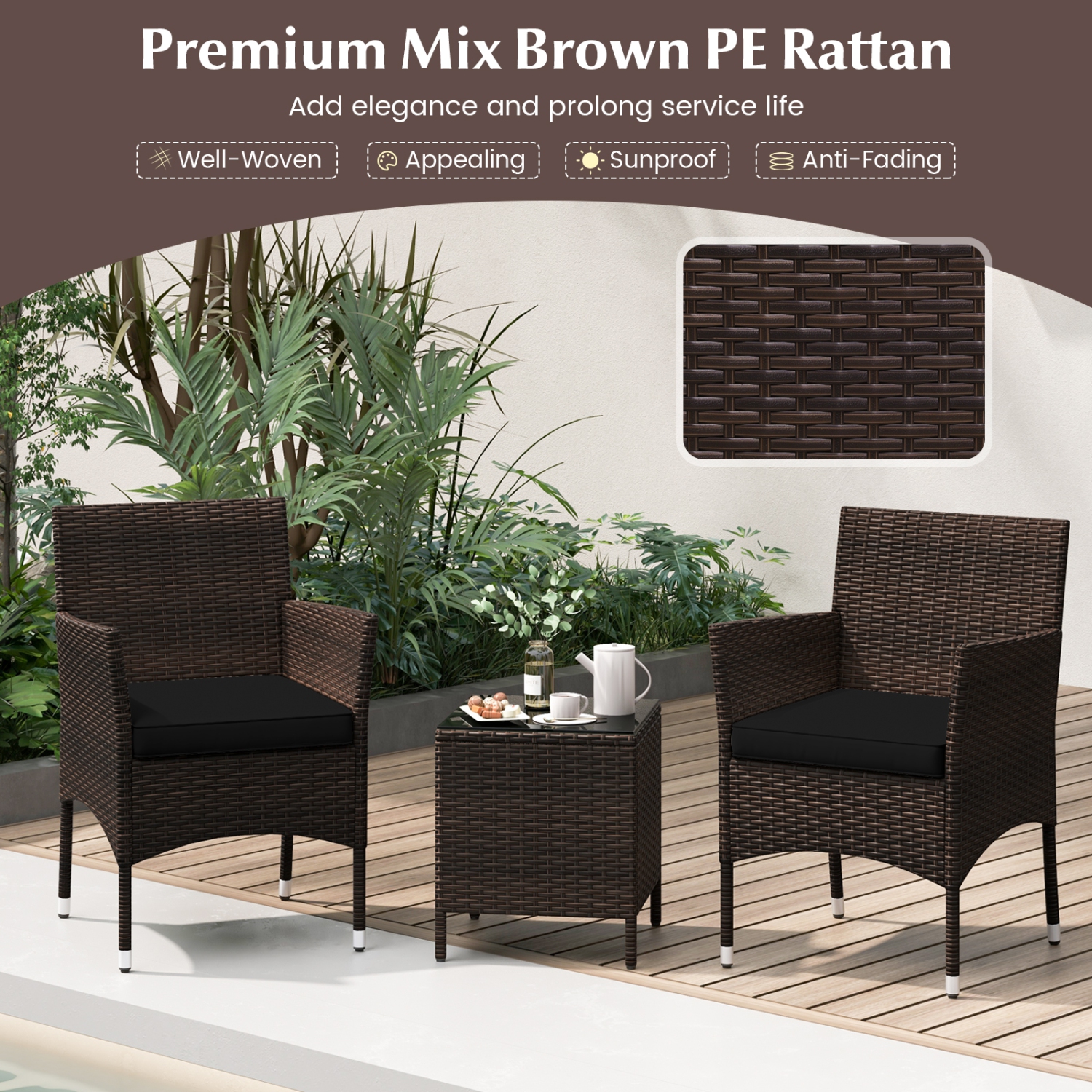 Costway 3 PCS Outdoor Conversation Set with Cushioned Seat & Tempered Glass Tabletop