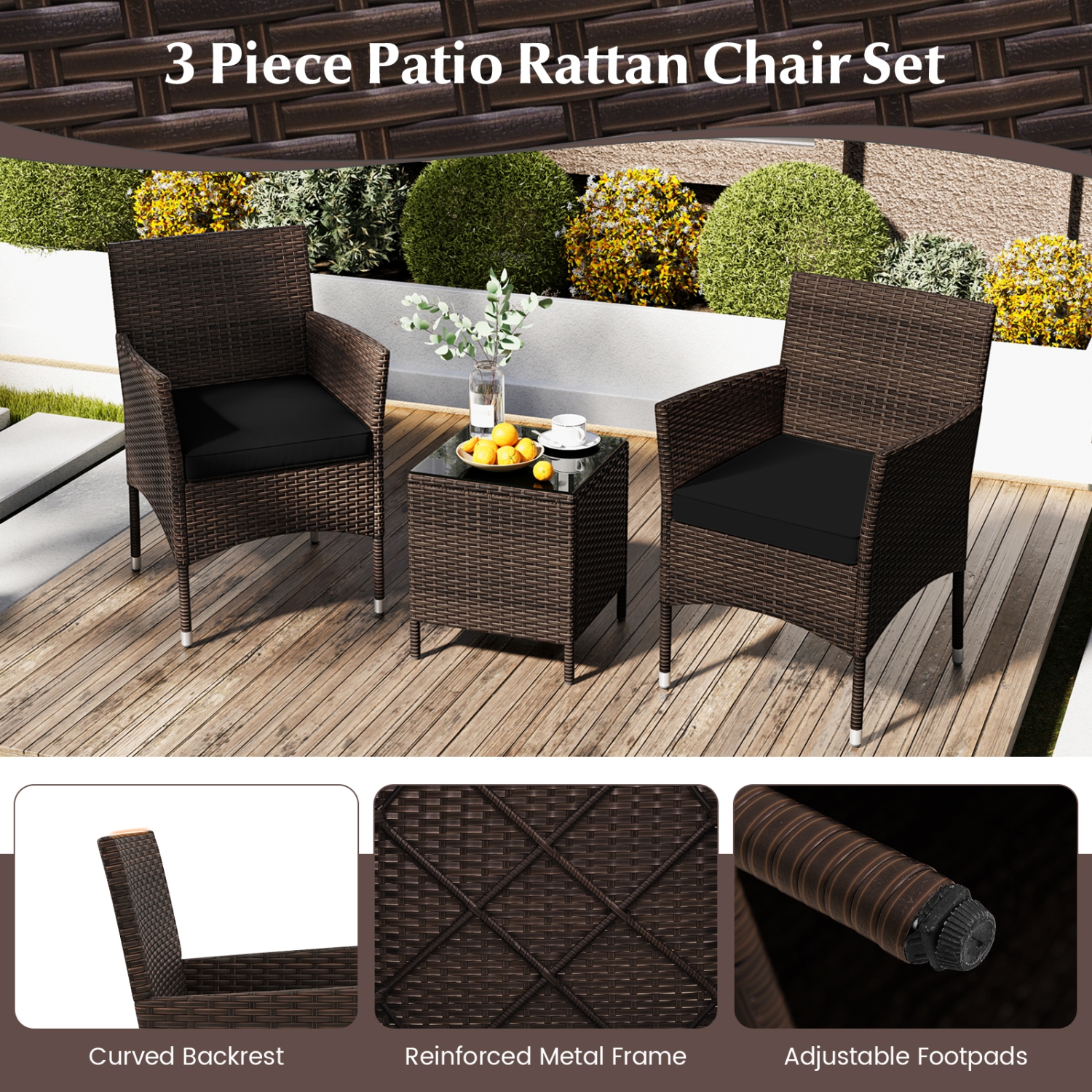 Costway 3 PCS Outdoor Conversation Set with Cushioned Seat & Tempered Glass Tabletop