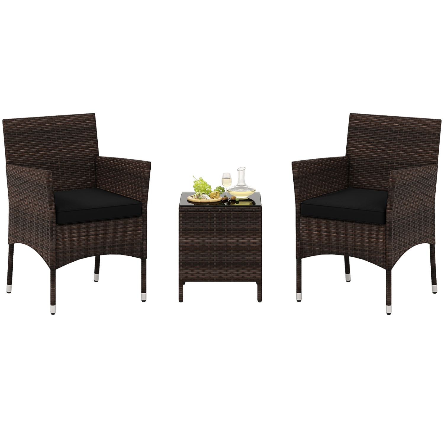 Costway 3 PCS Outdoor Conversation Set with Cushioned Seat & Tempered Glass Tabletop