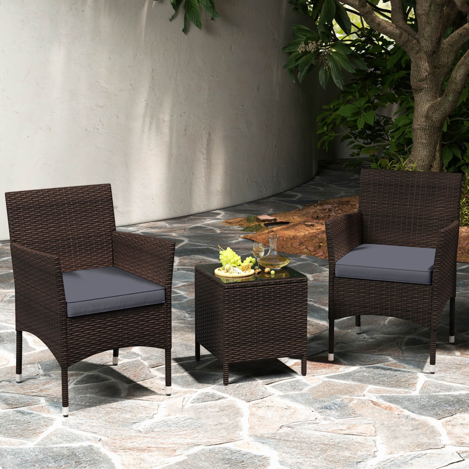 Costway 3 PCS Outdoor Conversation Set with Cushioned Seat & Tempered Glass Tabletop