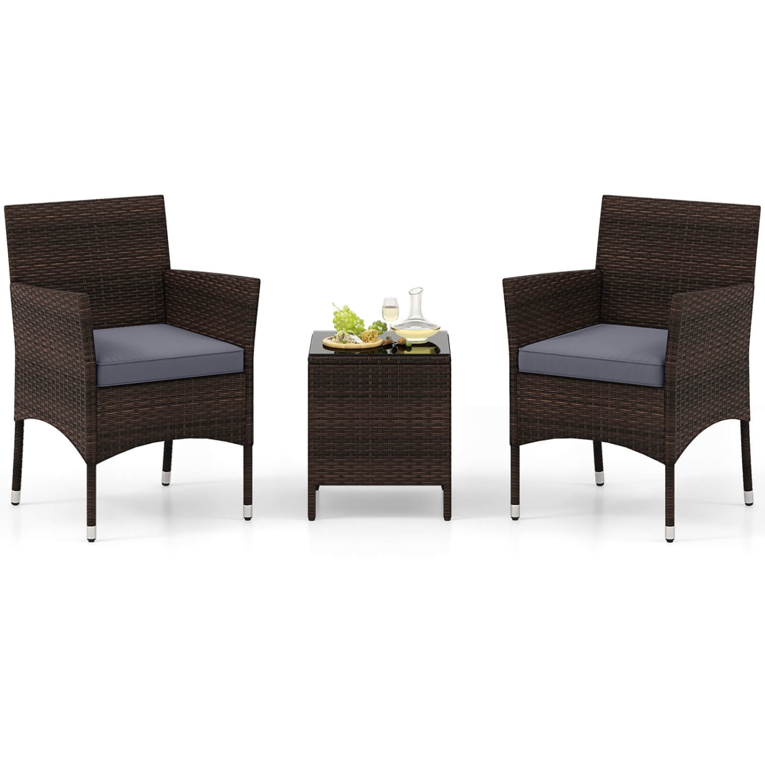 Costway 3 PCS Outdoor Conversation Set with Cushioned Seat & Tempered Glass Tabletop