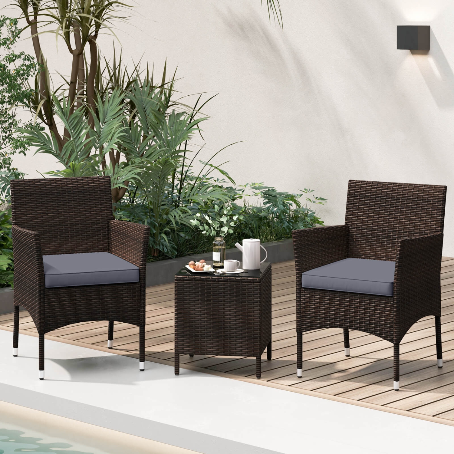 Costway 3 PCS Outdoor Conversation Set with Cushioned Seat & Tempered Glass Tabletop