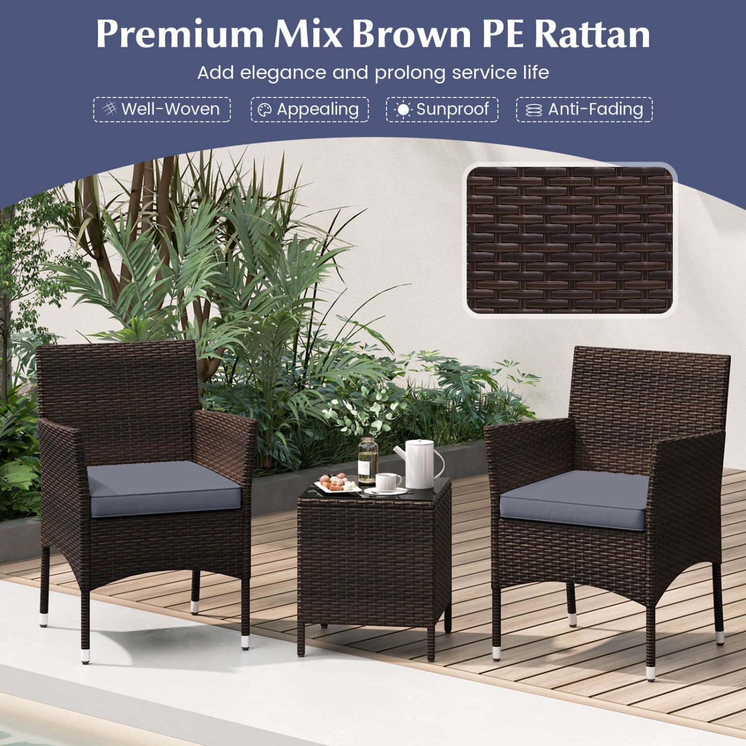 Costway 3 PCS Outdoor Conversation Set with Cushioned Seat & Tempered Glass Tabletop