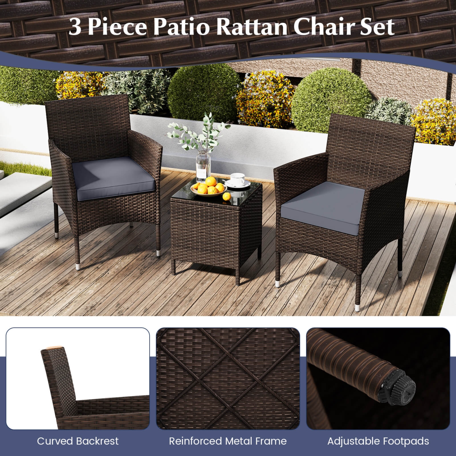 Costway 3 PCS Outdoor Conversation Set with Cushioned Seat & Tempered Glass Tabletop
