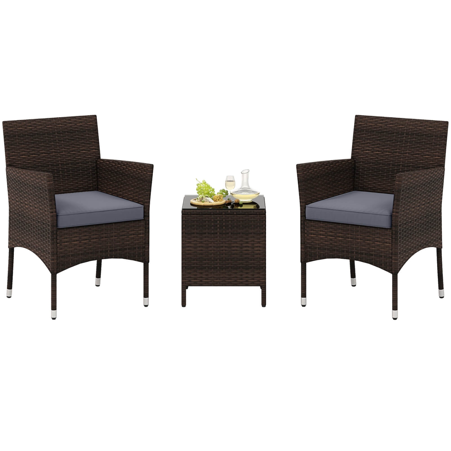Costway 3 PCS Outdoor Conversation Set with Cushioned Seat & Tempered Glass Tabletop