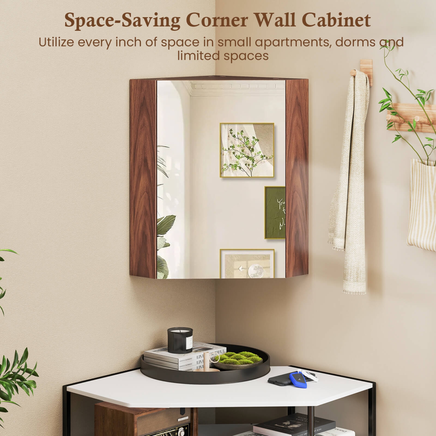 Costway 23.5" Wall Mounted Storage Organizer Corner Medicine Cabinet with Mirror