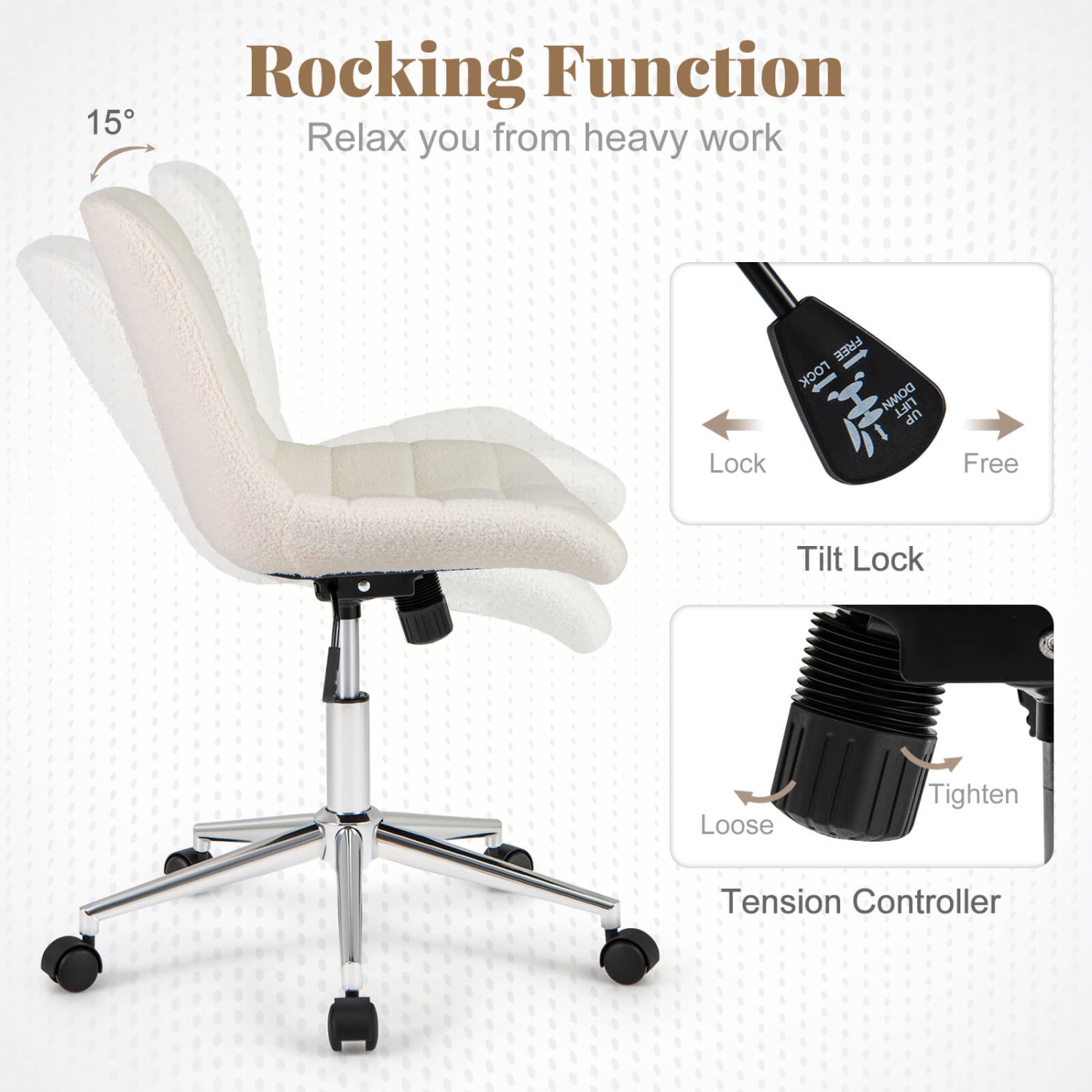 Costway Upholstered Armless Office Chair with Adjustable Height & Wheels for Small Spaces