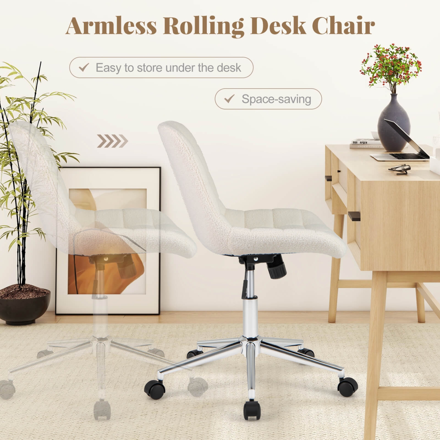 Costway Upholstered Armless Office Chair with Adjustable Height & Wheels for Small Spaces