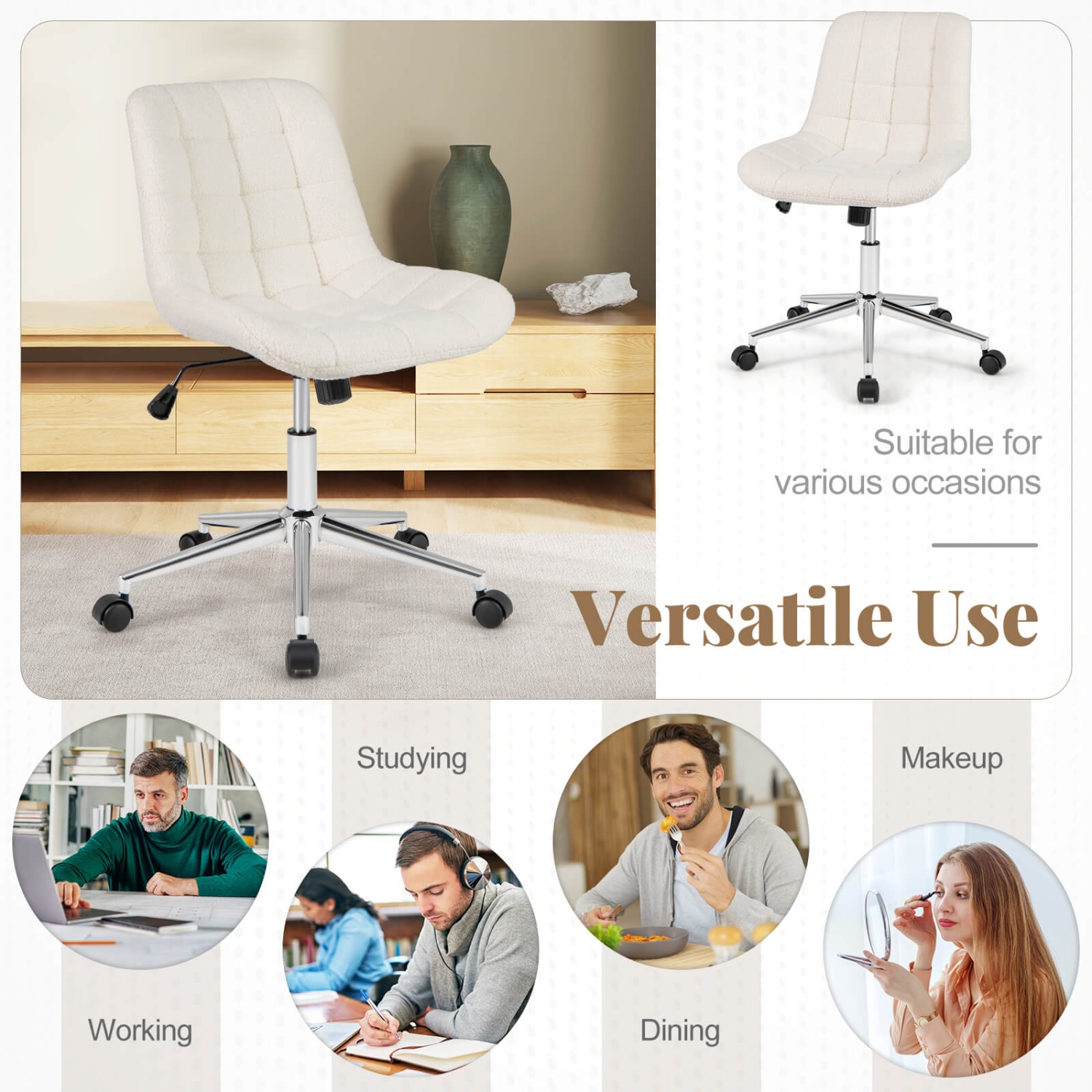 Costway Upholstered Armless Office Chair with Adjustable Height & Wheels for Small Spaces