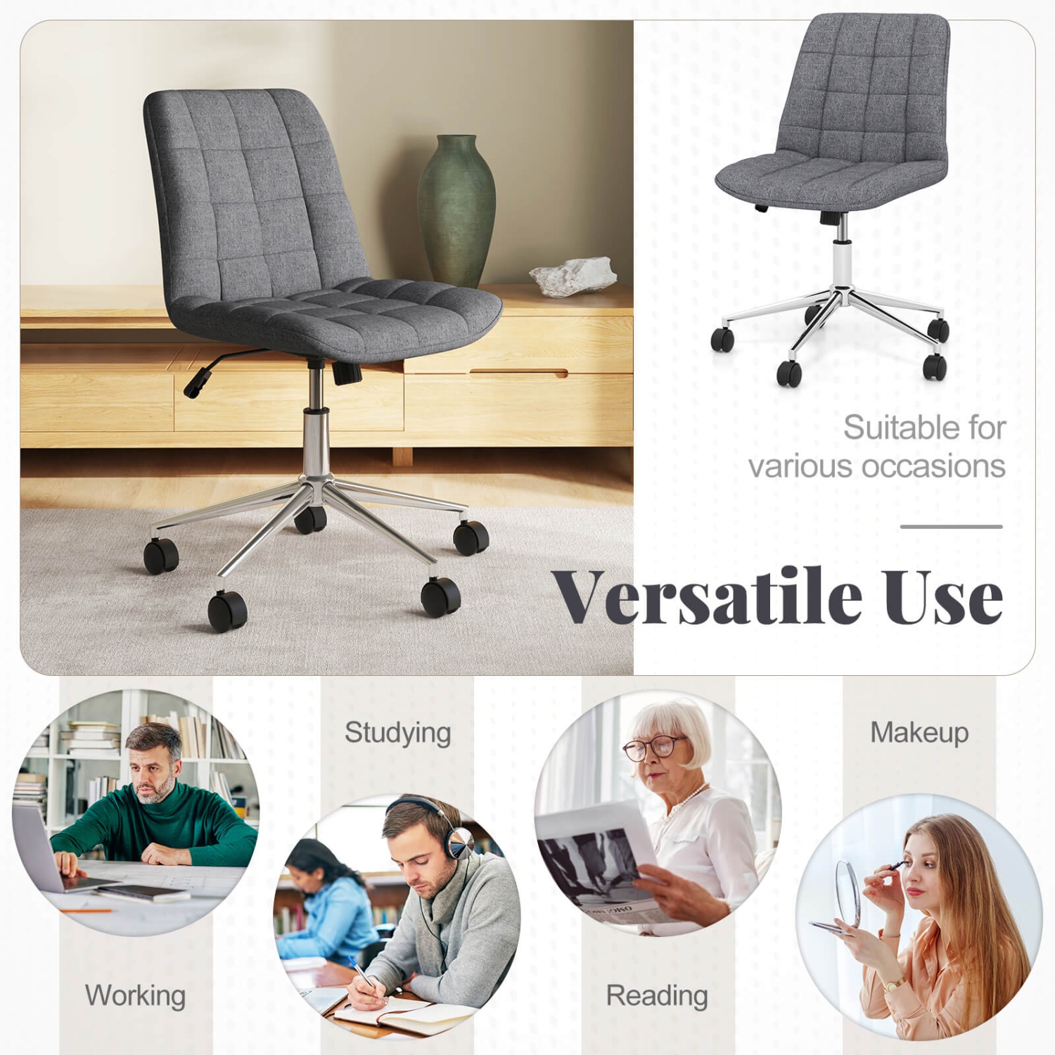 Costway Upholstered Armless Office Chair with Adjustable Height & Wheels for Small Spaces