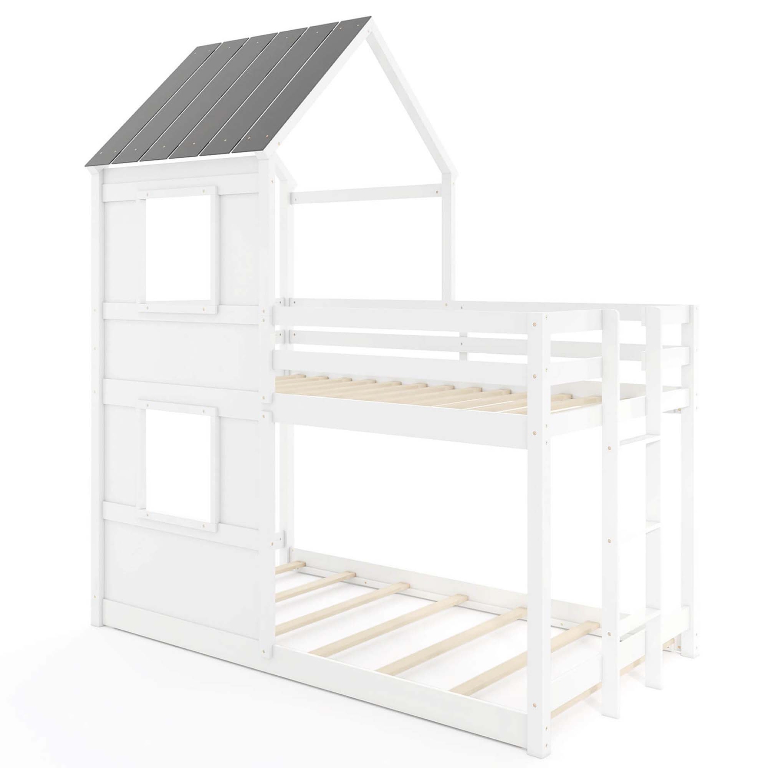Costway House Bunk Bed Twin Over Twin with Built in Ladder Window&nbsp;& Safety Guardrail