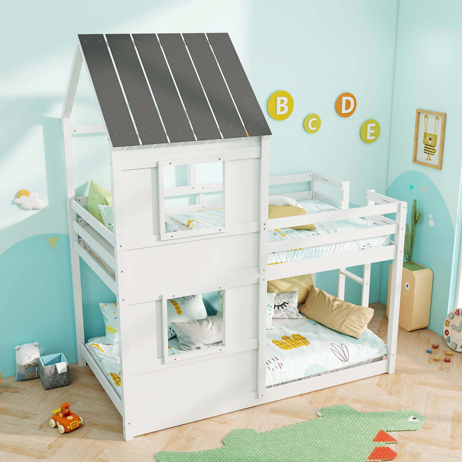 Costway House Bunk Bed Twin Over Twin with Built in Ladder Window & Safety Guardrail
