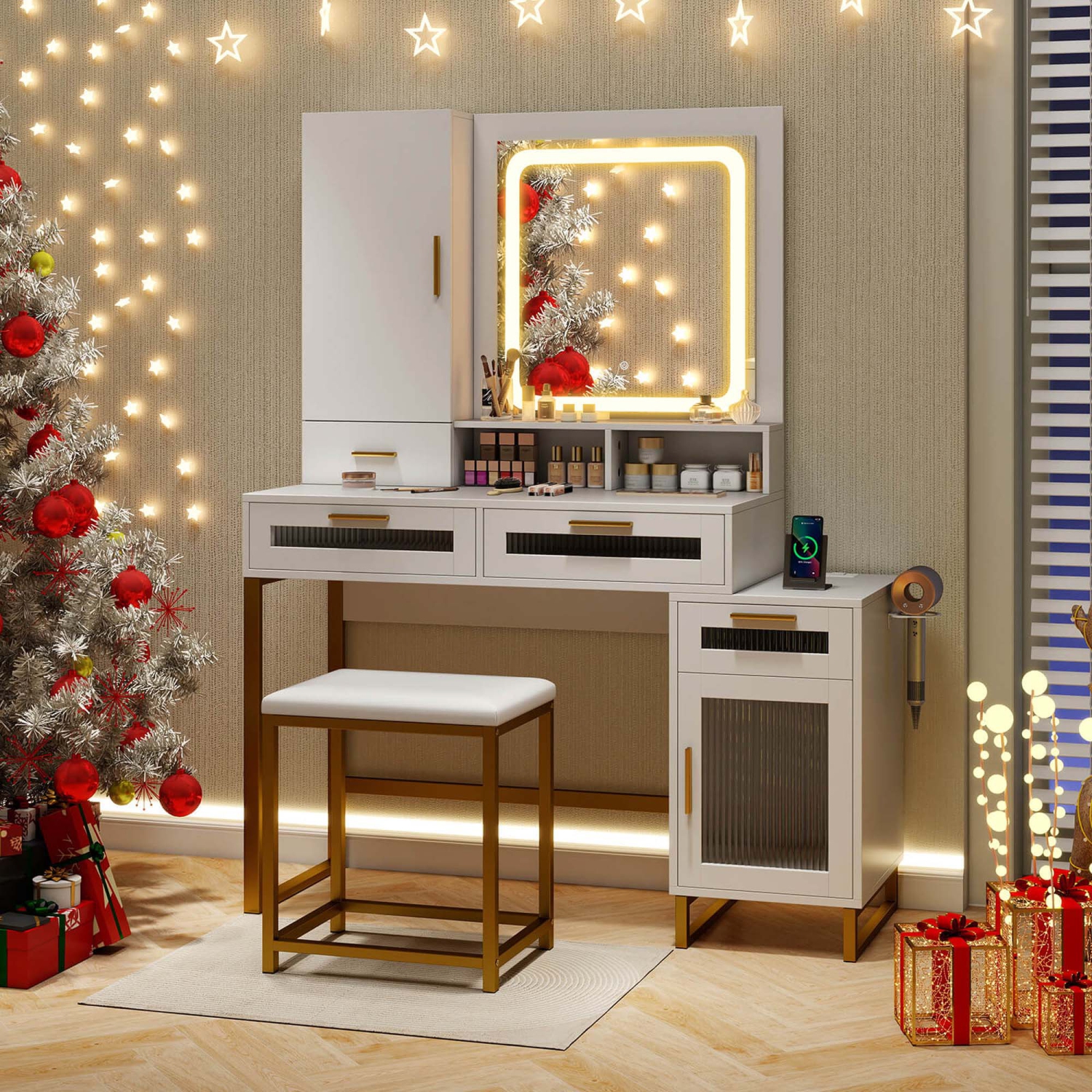 Costway Modern Vanity Set with Mirror and Lights 3 Lighting Modes & Adjustable Brightness