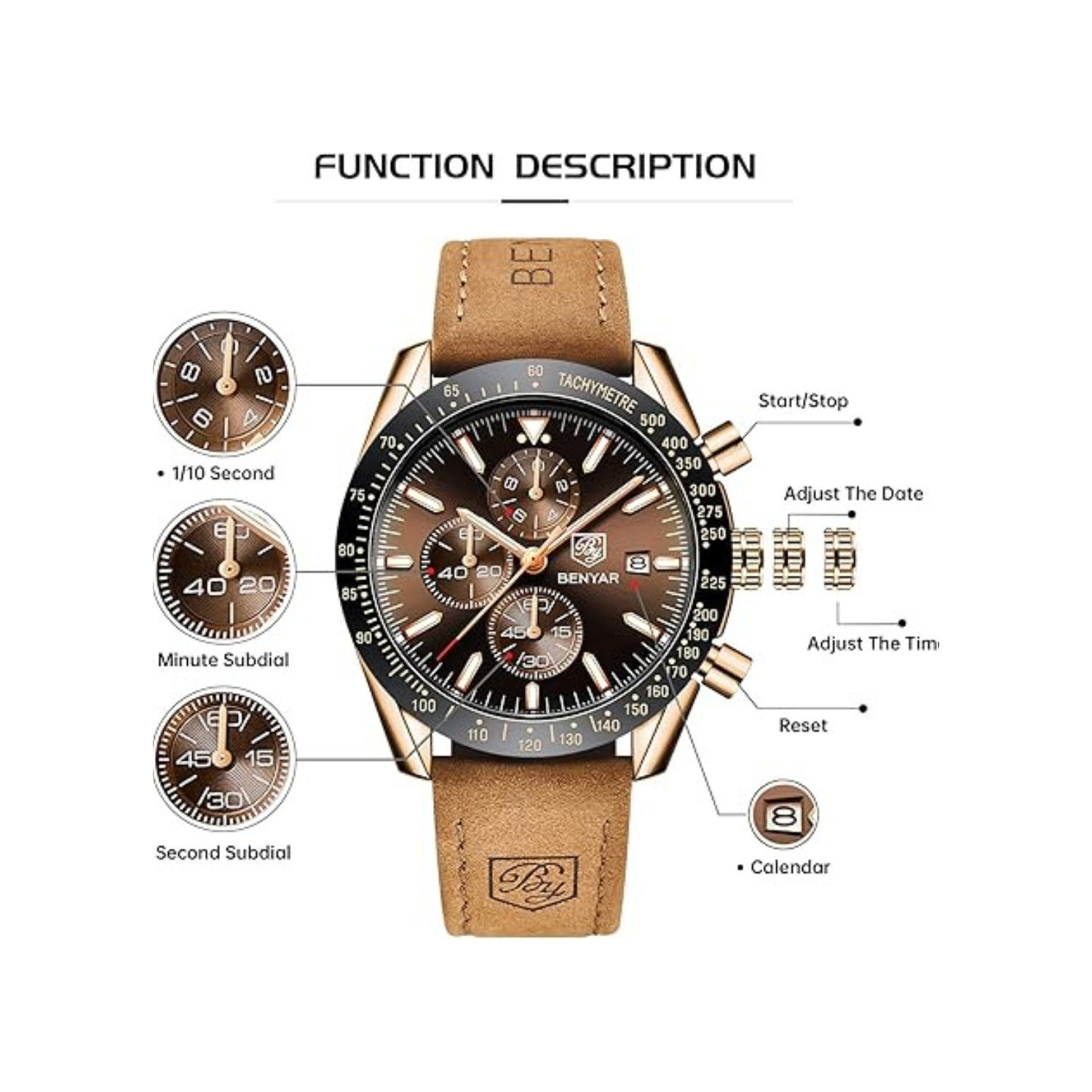 Mens Watches/Montre Homme Chronograph Analog Quartz Waterproof Wrist Watch for Men Business Casual Sport Date Dress Watch with Leather/Stainless