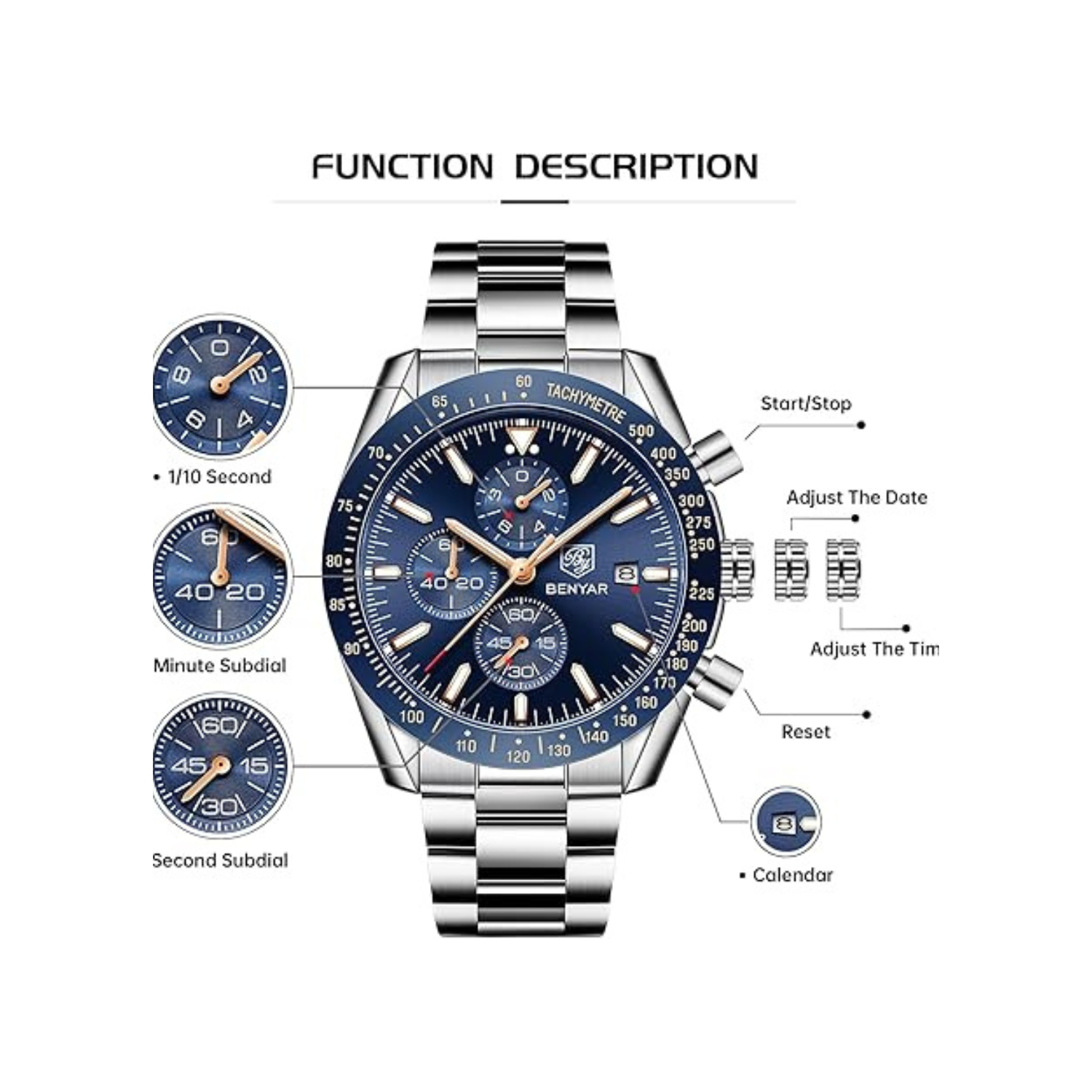 Mens Watches/Montre Homme Chronograph Analog Quartz Waterproof Wrist Watch for Men Business Casual Sport Date Dress Watch with Leather/Stainless