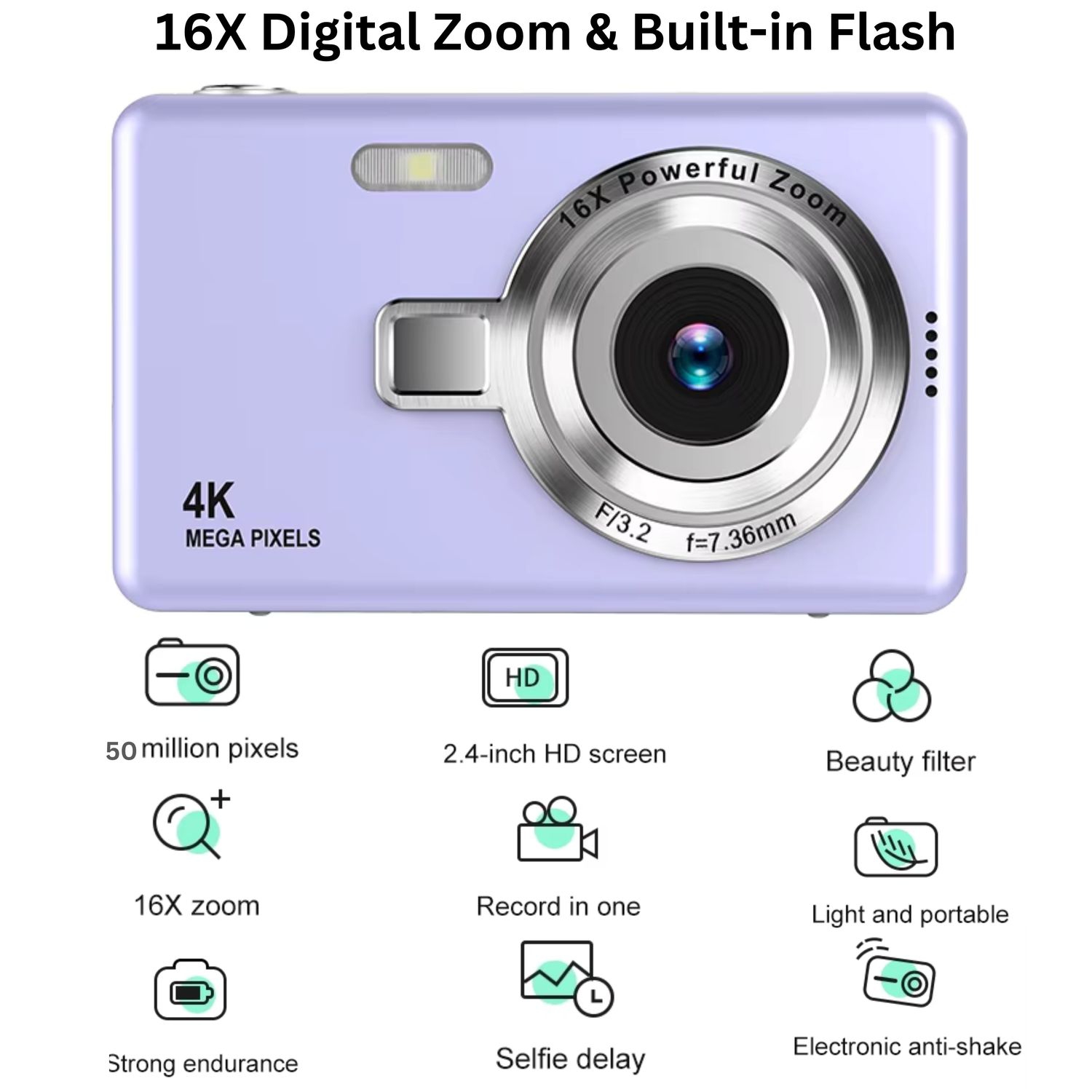 MAKATA Kid's 4K Digital Camera and Video Recorder 48MP 16X Zoom 1080P HD Vlogging Point and Shoot Camera 32GB Memory Card, Gift for Kids, Teens,