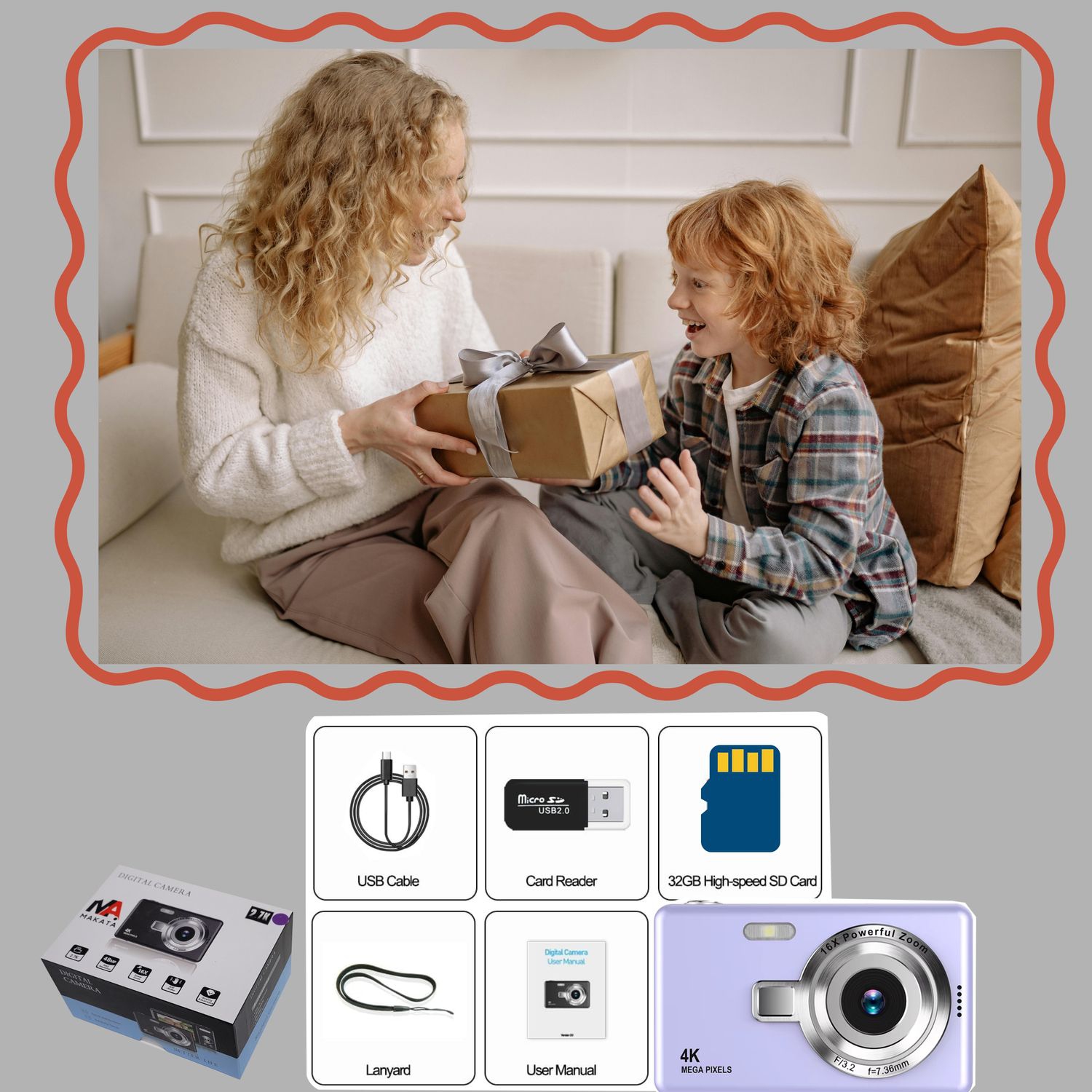 MAKATA Kid's 4K Digital Camera and Video Recorder 48MP 16X Zoom 1080P HD Vlogging Point and Shoot Camera 32GB Memory Card, Gift for Kids, Teens,