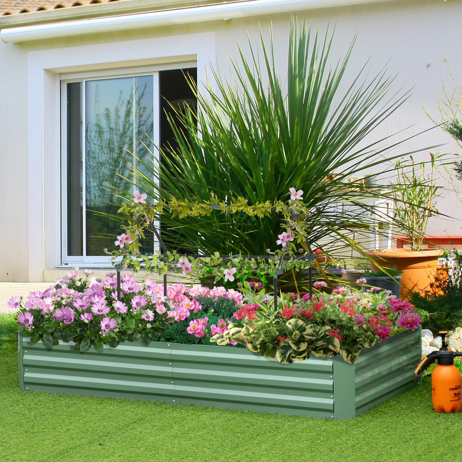 Outsunny Raised Garden Bed, 6' x 3' x 1' Large Metal Planter Box with 2 Trellis Tomato Cages for Climbing Vines, Vegetables, Flowers, Light Green