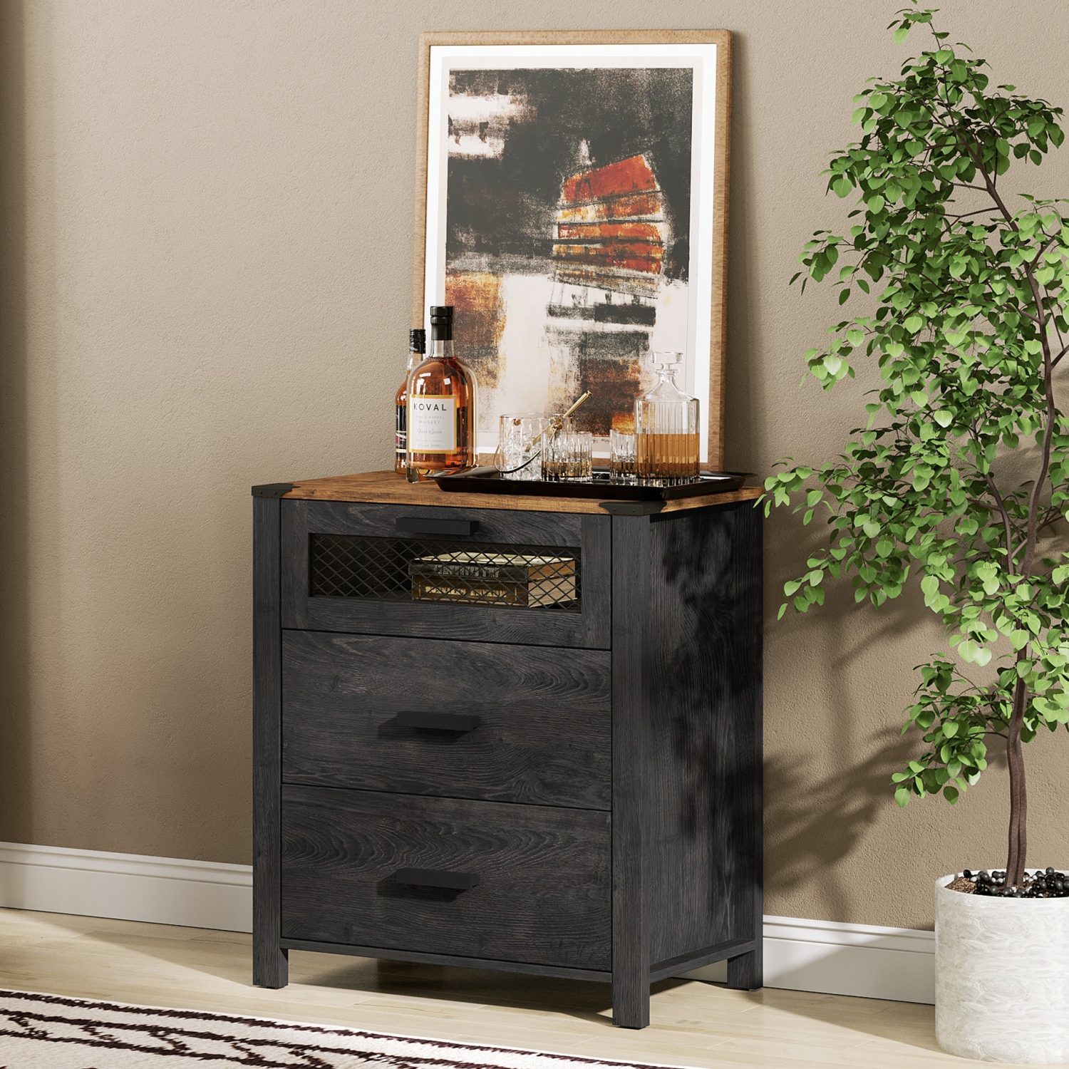 Table de chevet WAMPAT avec tiroirs, grande table de chevet à 3 tiroirs pour la chambre à coucher, tables de bout avec commode pour le salon, noyer