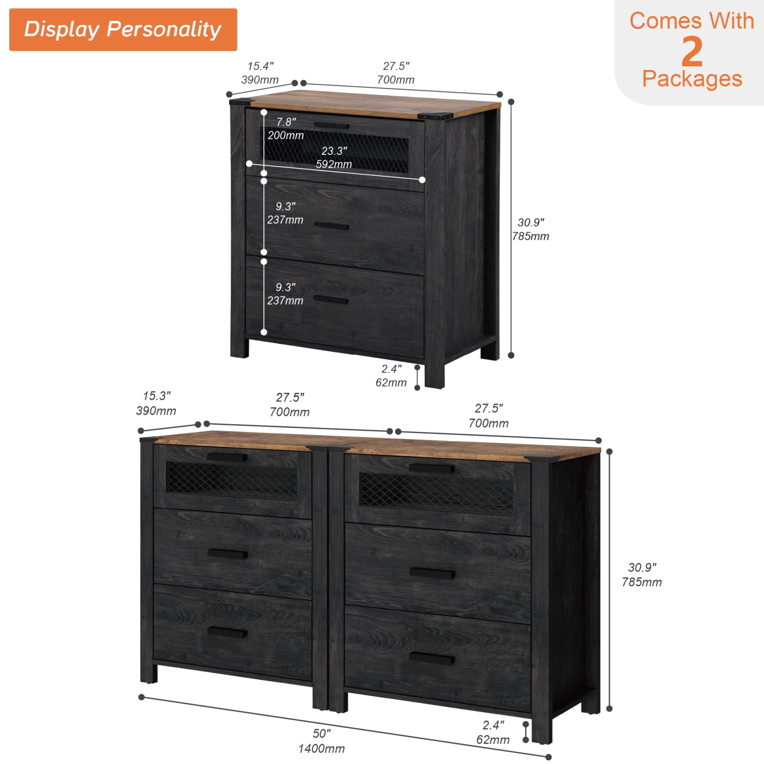 Ensemble de 2 tables de chevet WAMPAT avec tiroirs, table de chevet à 6 tiroirs pour chambre à coucher, tables de bout avec commode pour salon, noyer